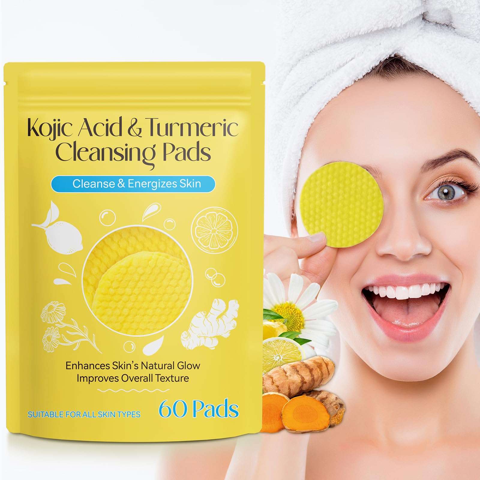 Kojic Acid and Turmeric Cleansing Pads, 60PCS Turmeric Kojic Acid Pads, Turmeric Cleansing Pads for Face Dark Spots, Deep Clean, Foaming Turmeric Exfoliating Pads - Less Mess, Safe For All Skin Type 1