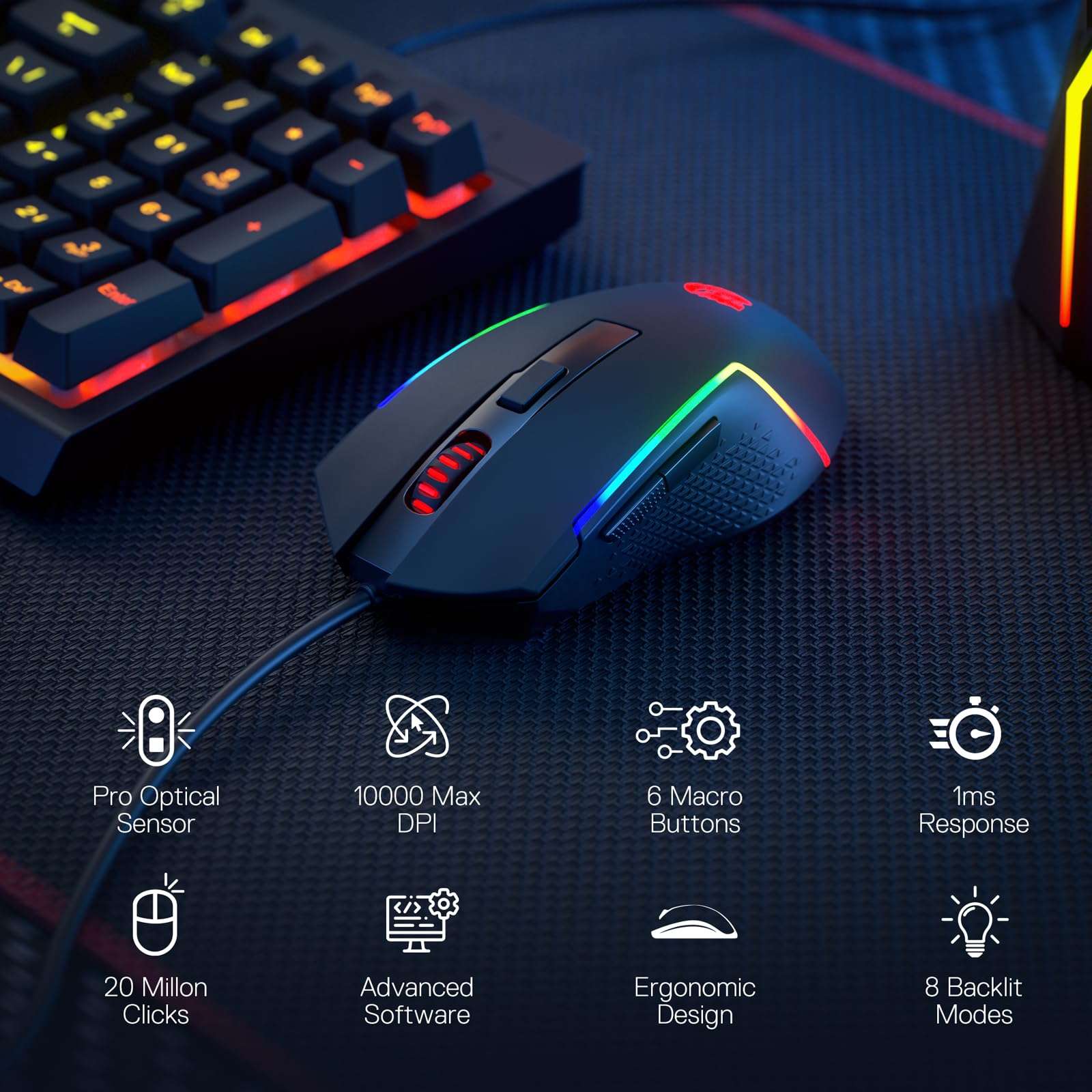 Redragon S141 Gaming Keyboard & Mouse Combo, 98 Keys K515 Wired RGB Membrane Keyboard and 10000 DPI Wired M616 Gaming Mouse Bundle 4