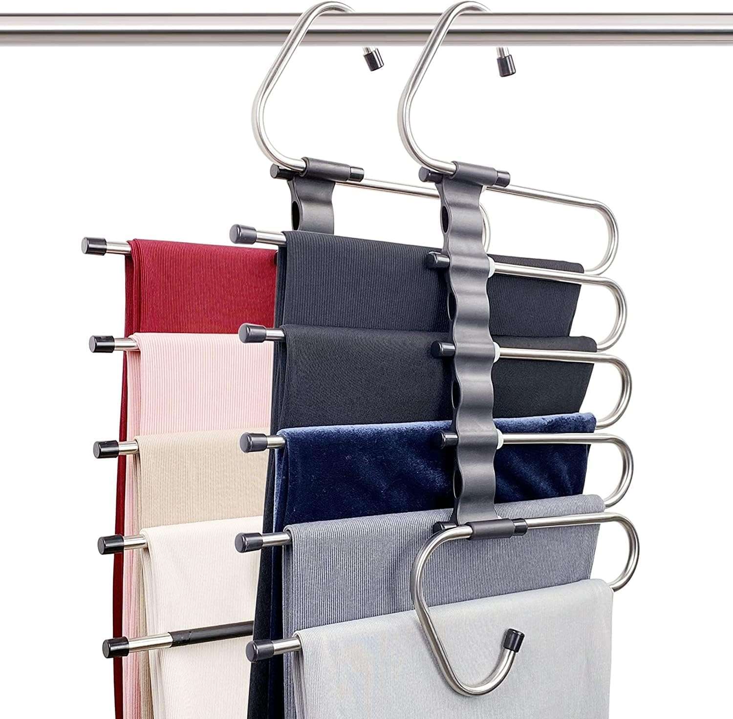 SHAYONAM (Pack of 2) 5 in 1 Stainless Steel and Covred/Foldable Hangers | 80% Space-Saving Closet Organizer for Clothes, Sarees, Shirts, & Trousers | 360° Rotating Hook, Multi-Purpose Design 1
