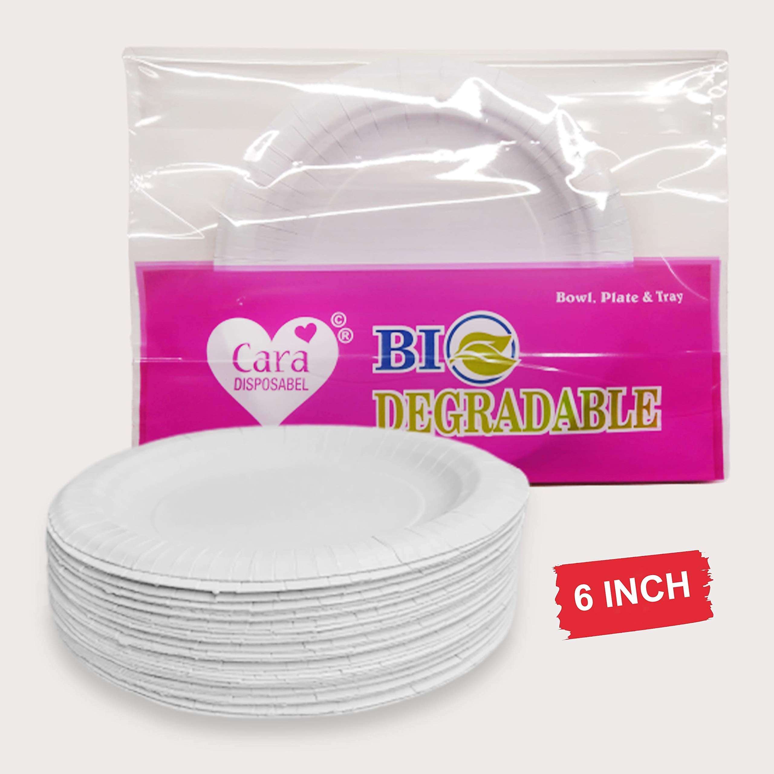 Cara Disposable White Paper Plate 6 inches Set of 50 Plates = 50 Pcs, Biodegradable, Compostable, Non-Toxic & Ecofriendly, Safe & Hygienic Paper Plates 6