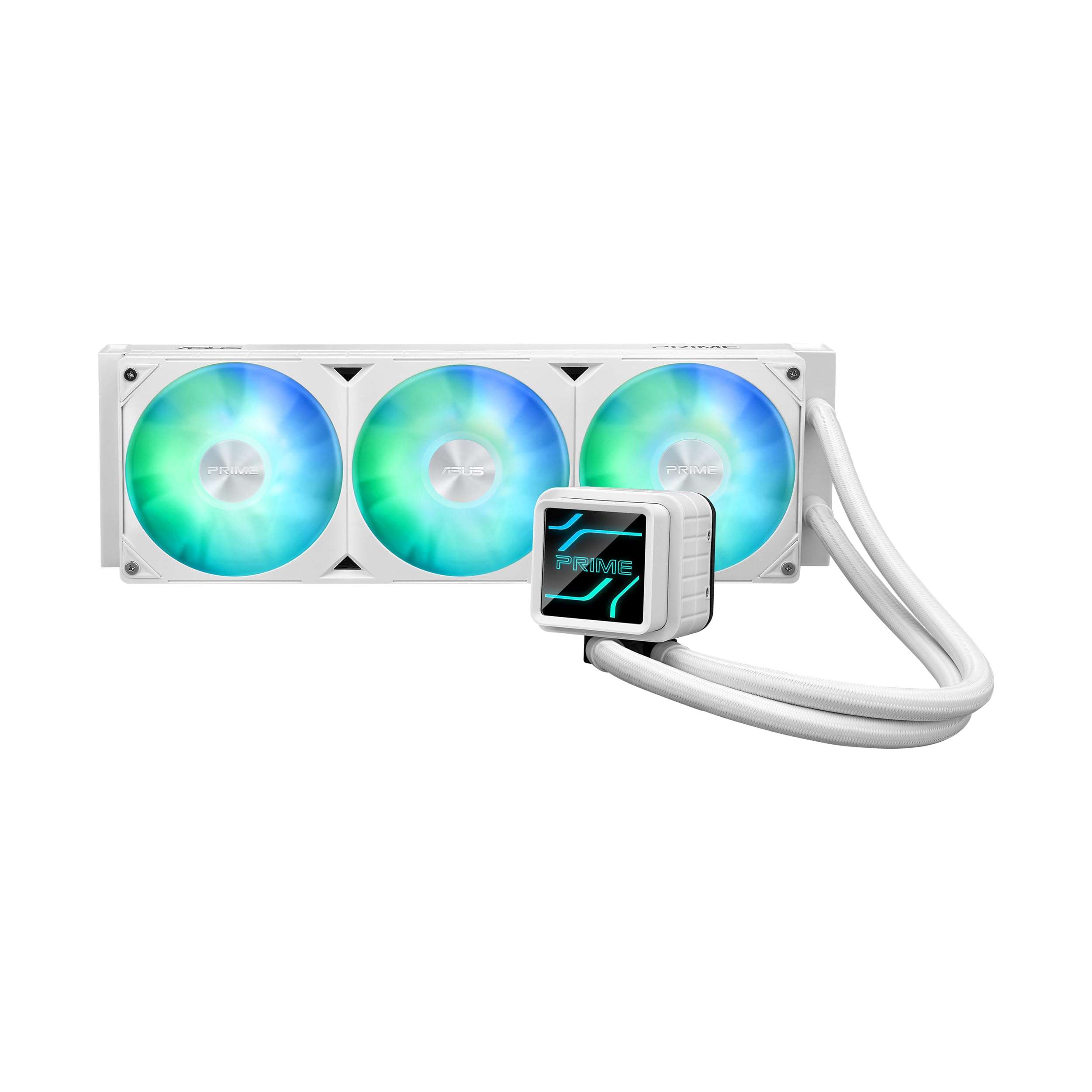 ASUS Prime LC 360 ARGB White Edition all-in-one CPU liquid cooler with special CPU contact area & finned channel, water block with infinity mirror lens options, pre-installed ARGB fans & Aura lighting 1