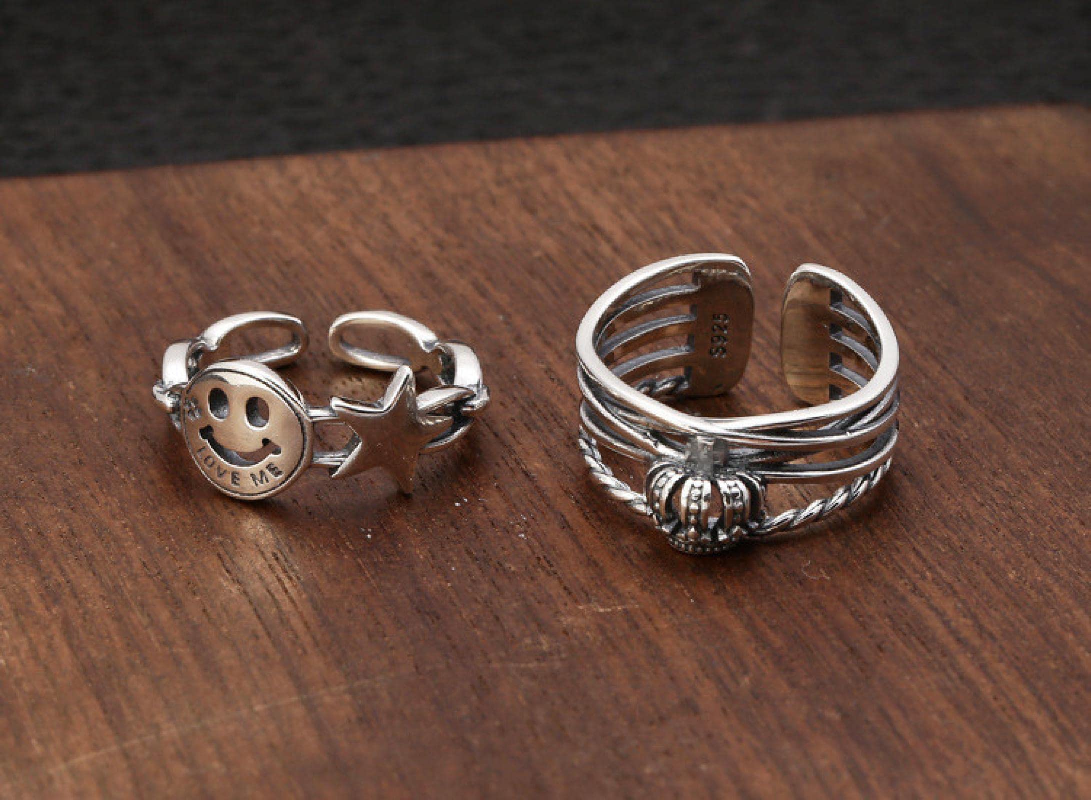 DELURA Sterling Silver Smiley, Crown Adjustable Rings 5