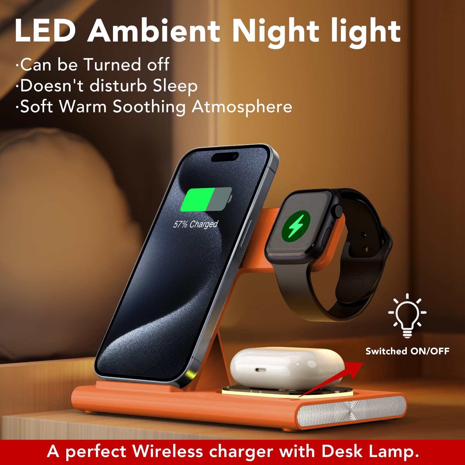 3 in 1 Foldable Charging Station for Apple Products,Fast Wireless Charger Travel Dock Adapter&Light for iPhone 15/14/13/12/11/X/XS/XR 8,for iWatch Ultra2/9/Ultra/8/7/6/SE,for Air Pods 3/2/Pro(Orange) 3