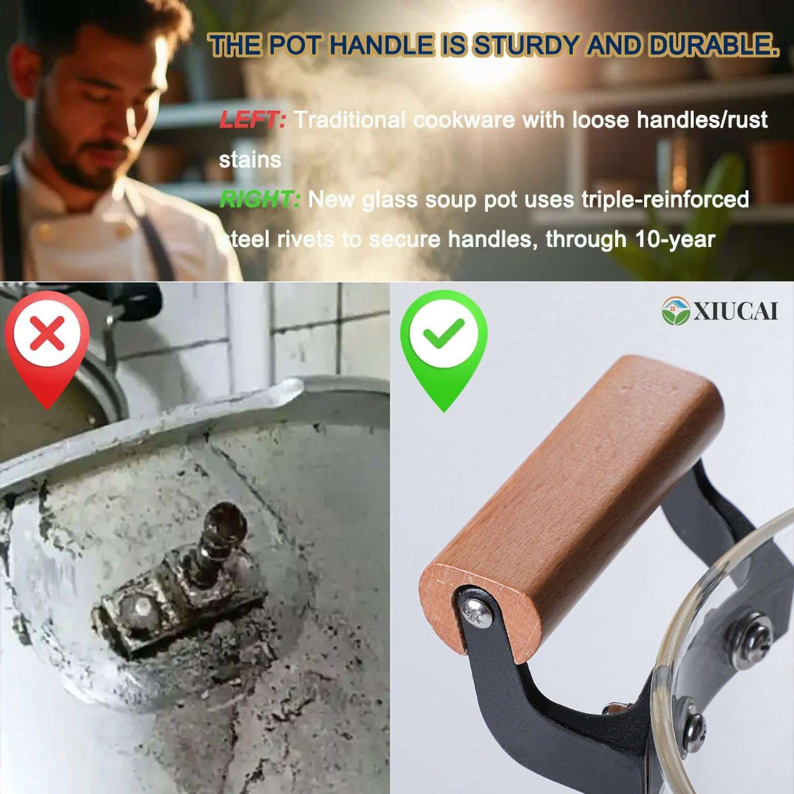 XIUCAI Heatable Glass Transparent Soup Pot, with Glass Lid and Wooden Handle, Heat Resistant Versatile Stew Pot｜Essential Kitchenware in Home Kitchens and Dining Rooms,4.5L 5