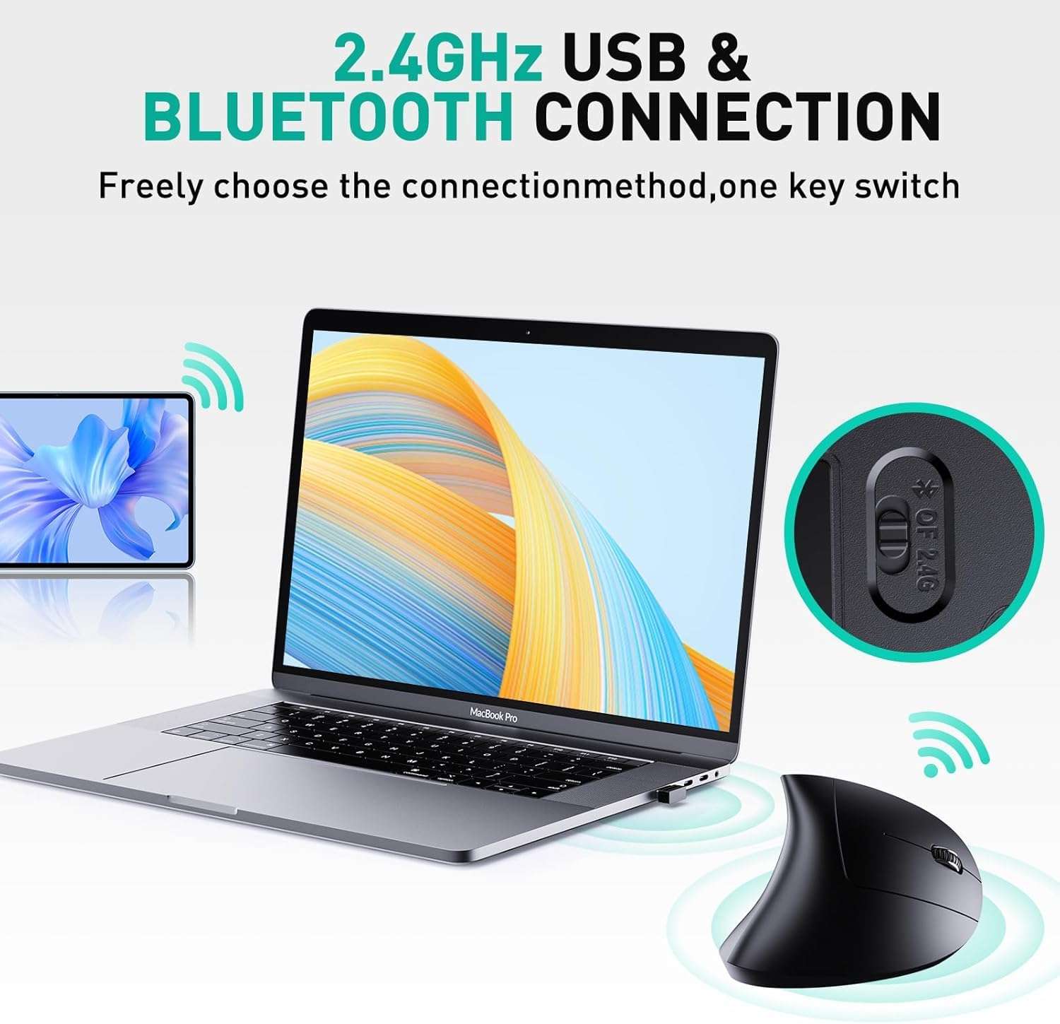 MICROWARE Ergonomic Mouse, Vertical Wireless Mouse Rechargeable Optical Tunnel Mice with 2.4G USB Receiver and Bluetooth Mode, 1000/1200/1600 DPI, 6 Buttons, for Laptop, Computer, PC, Desktop, Black 3