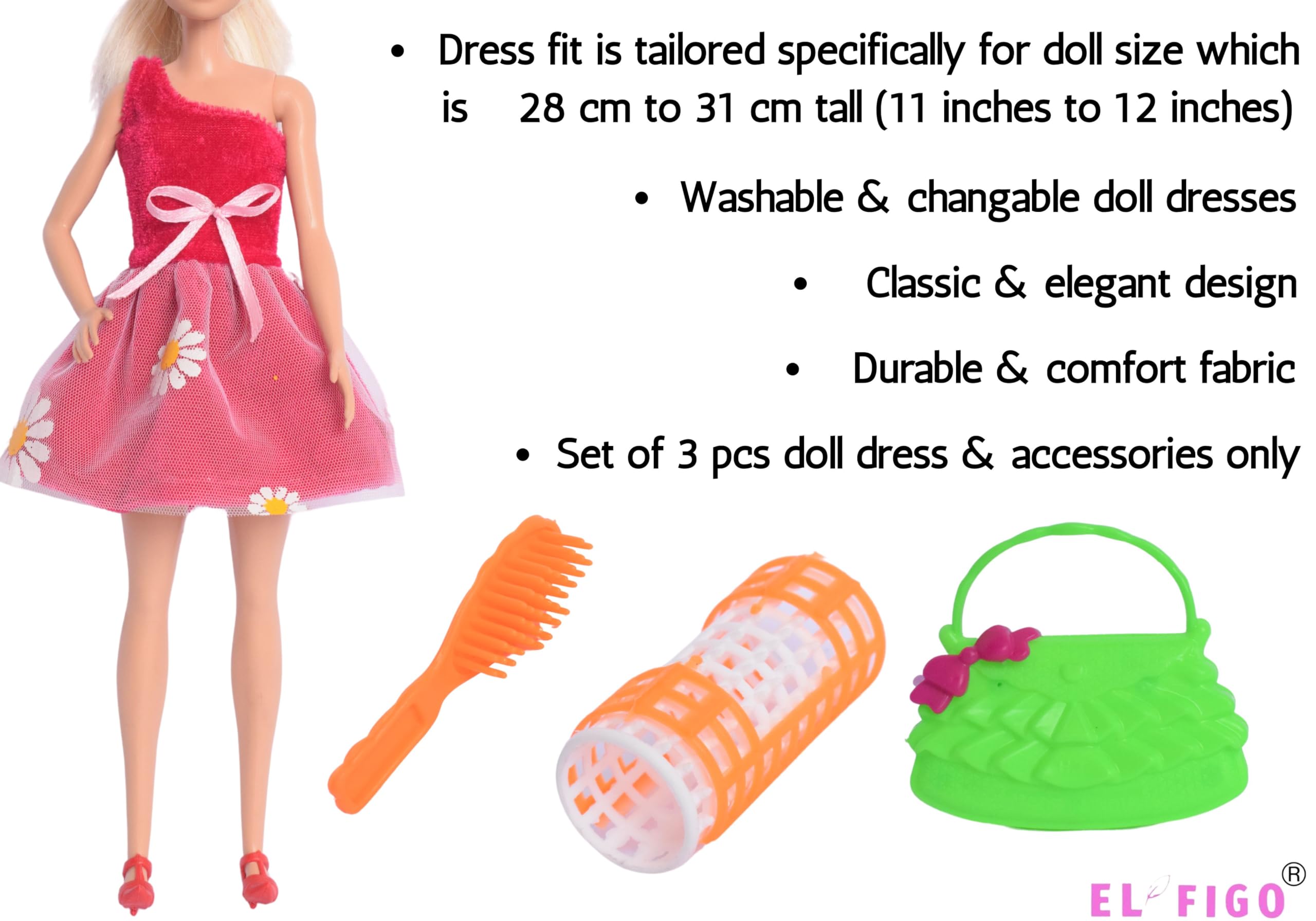El Figo Doll Clothes, Dresses and Accessories Set Featuring 3 Printed Outfits with Accessories (Tailored Doll Dress for 29 c.m Tall Toy) 4