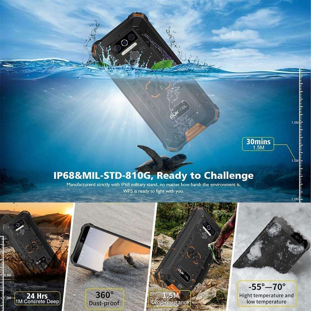 OUKITEL Rugged Cell Phone Unlocked WP5, 8000mAh Battery IP68 Waterproof Smartphone, 4GB RAM 32GB ROM (SD 256G) 5.5 HD+ Android 10 Rugged Mobile Phone, 13MP Triple Camera, Dual 4G Face ID/WiFi/GPS 3