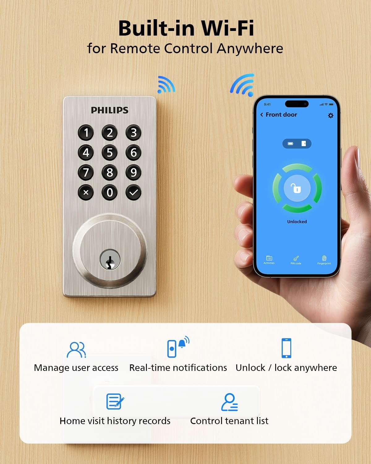 Philips WiFi Smart Door Lock with Handle, Built-in WiFi App Remote Control, Keyless Entry Door Locks for Front Door, Smart Deadbolt Auto Lock, Support Alexa & Google, IP54 Waterproof, Satin Nickel 3