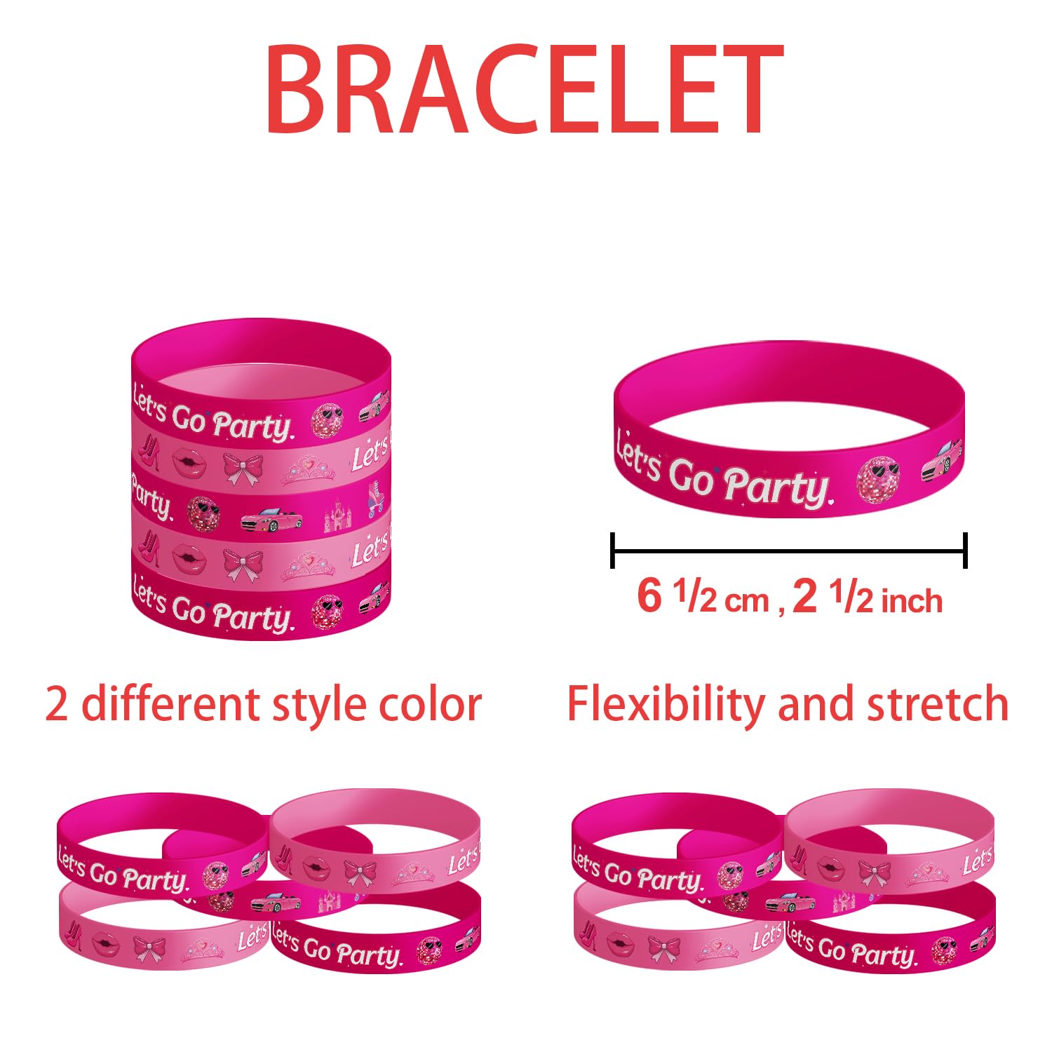 M AMFEOV 80Pcs Lets Go Party Decorations Party Favors, Hot Pink Girls Birthday Decorations Include 10 Bracelets, 10 Button Pins, 10 Keychains, and 50 Stickers, Pink Disco Bachelorette Party Supplies 5