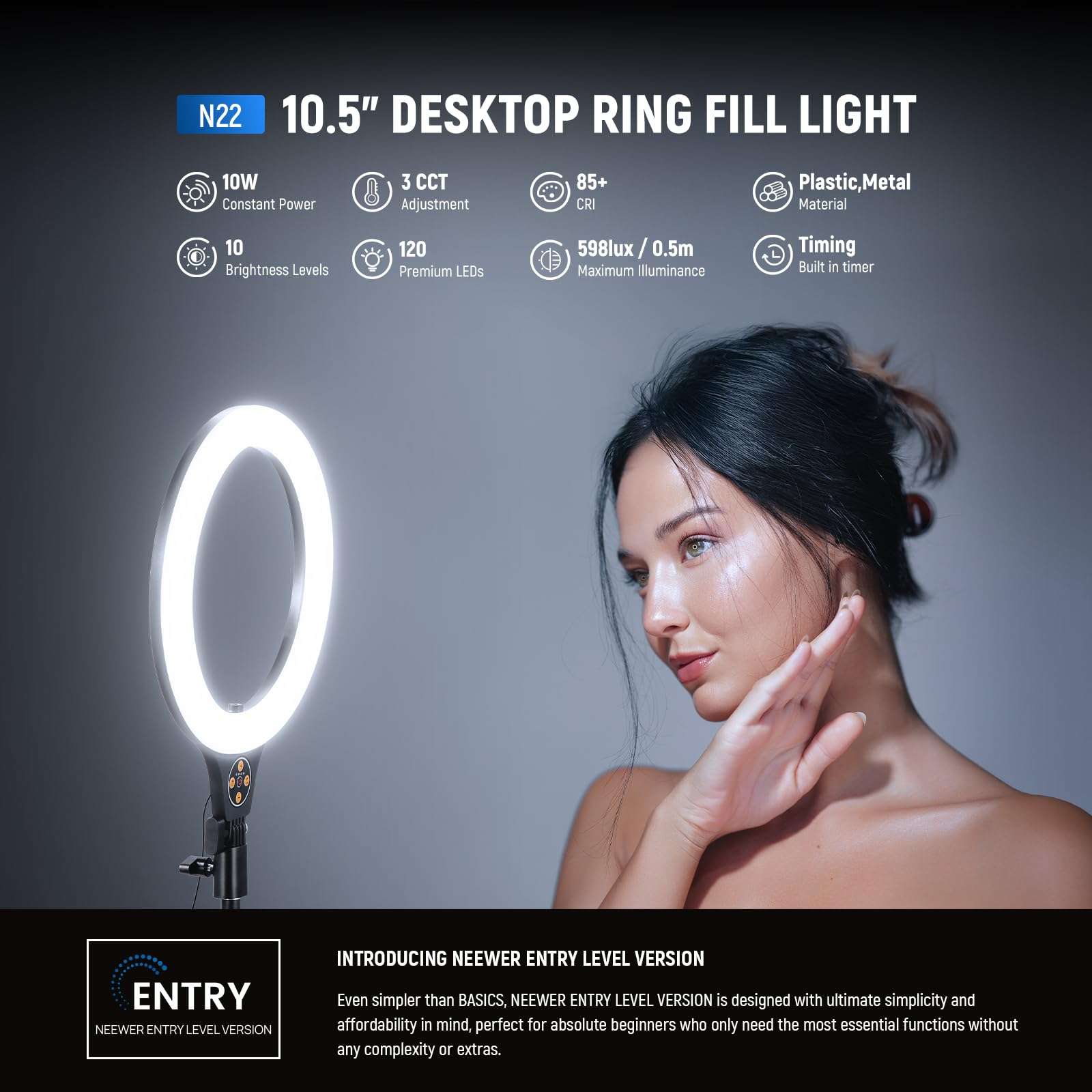 NEEWER Entry Level Version 10.5" Desk Ring Light with Stand/Phone Holder Compatible with iPhone/Remote, 10W CRI85+ LED Lighting for Streaming Recording Makeup Selfie Laptop Video Conference, N22 3