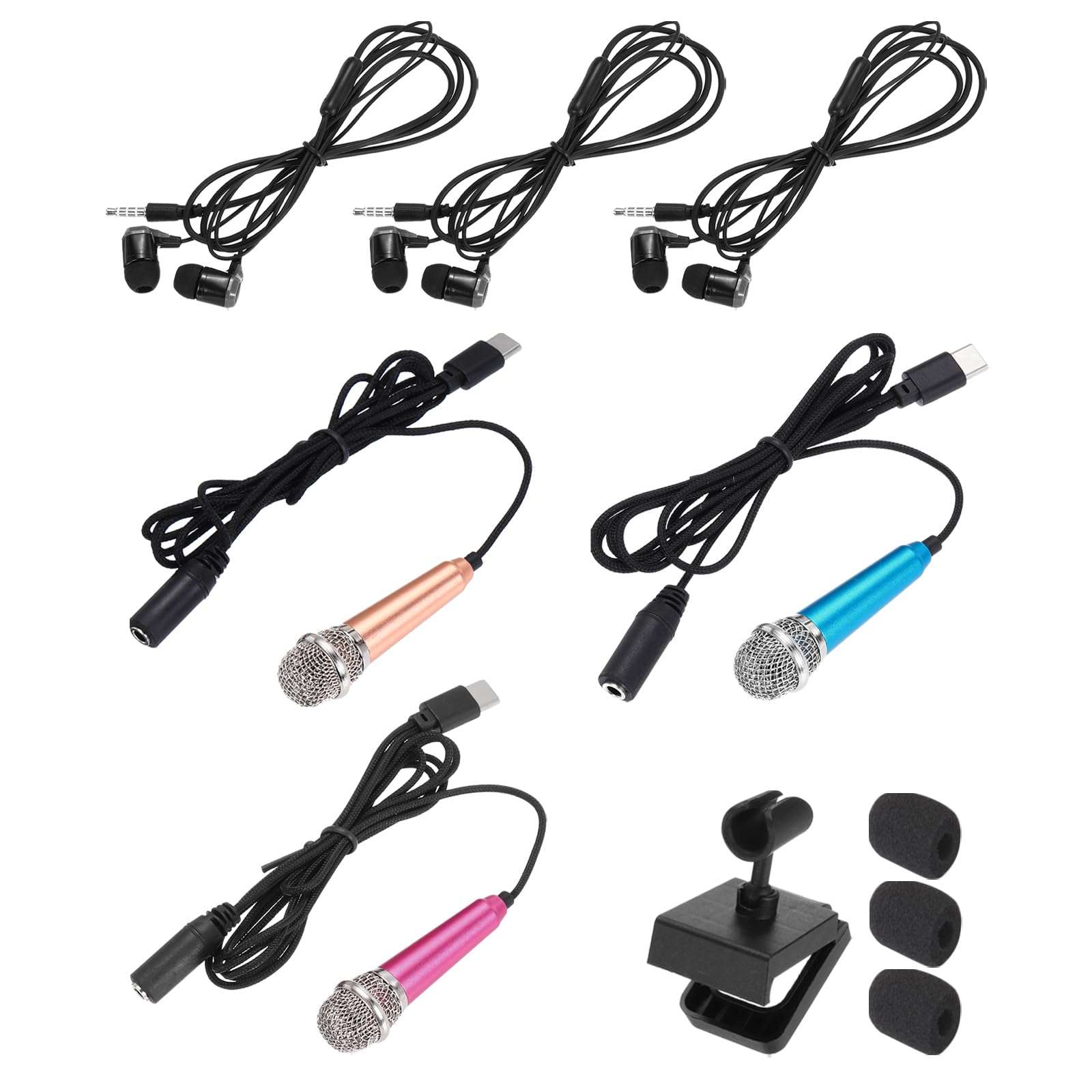 MECCANIXITY 3 Pcs Mini Microphone, Mini Mic Tiny Microphone Phone Type C Mic Small Microphone with Bracket, Sponge Cover, Earphones for Record Phone Voice, Gold/Hot Pink/Blue 1