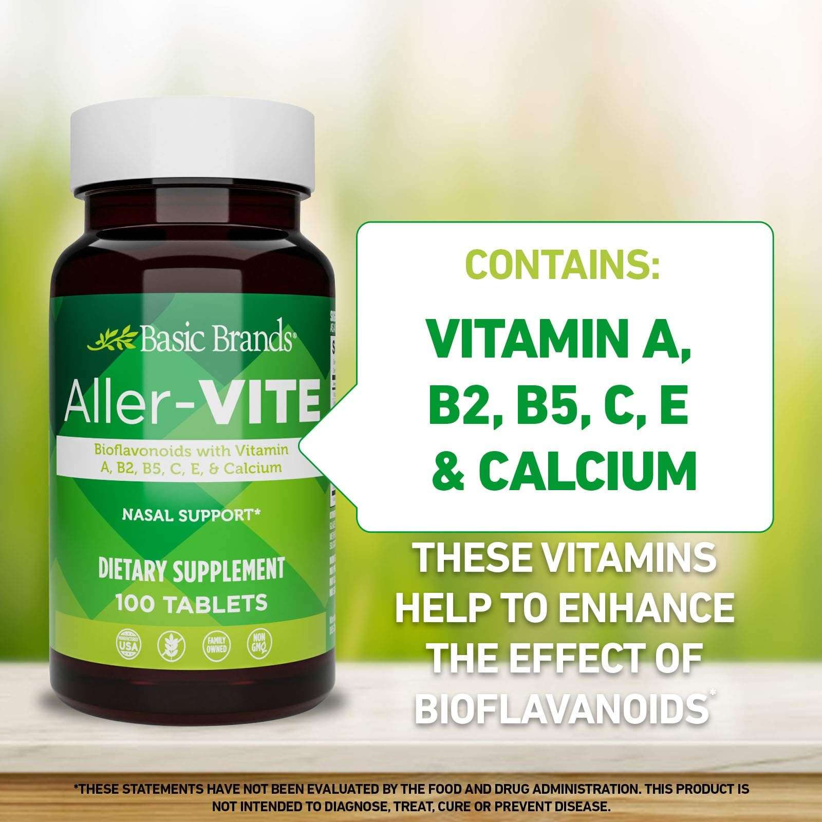 Basic Brands Aller-Vite Nasal Support – Supports Relief of Sneezing, Runny Nose, Itchy & Watery Eyes – Vitamins & Bioflavonoids – Gluten-Free, 100 Tablets 5