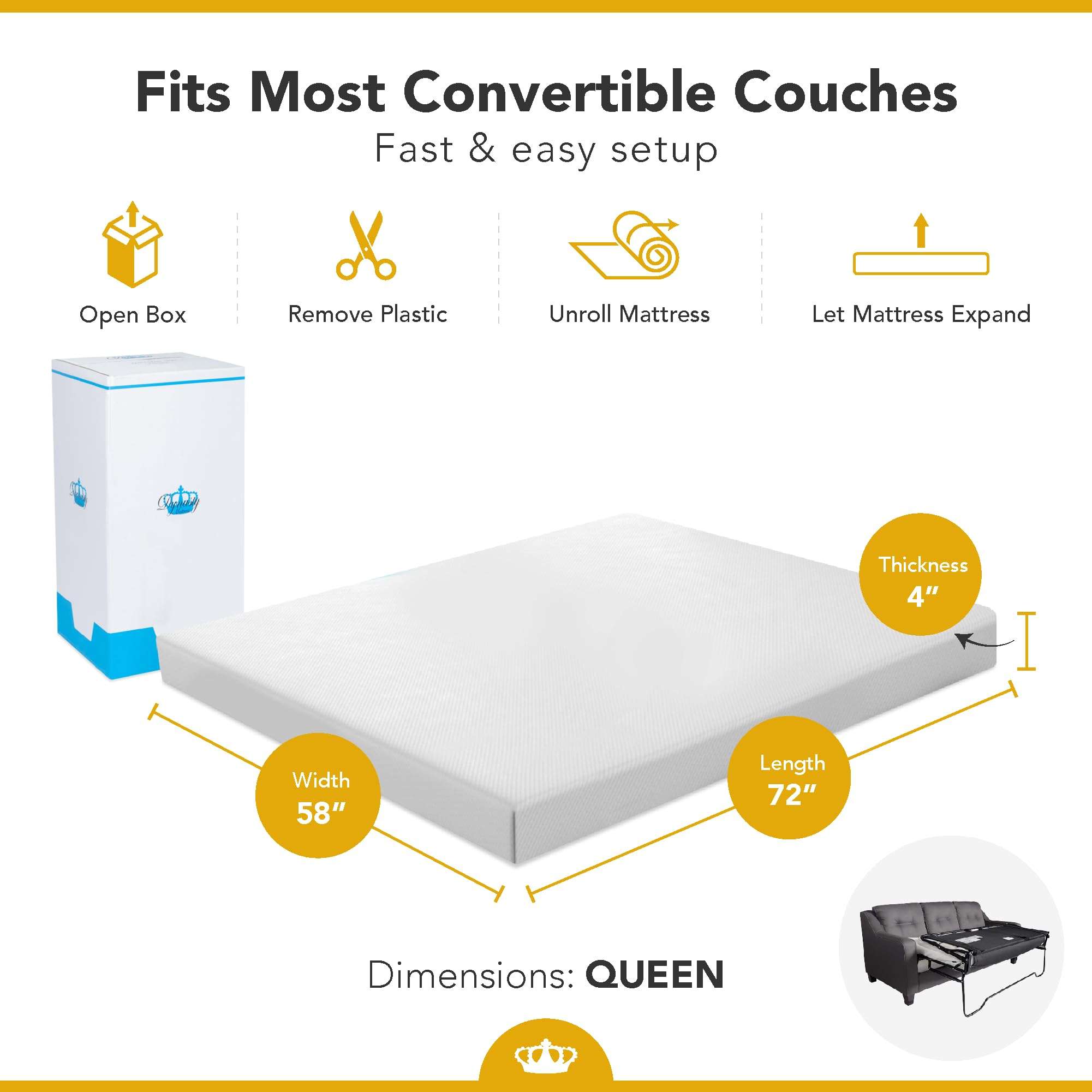 DynastyMattress Sofa Bed Mattress Queen Size 4-inch CoolBreeze Gel Memory Foam Sleeper for Convertible Folding Sofa & Couch Beds, Sofa Not Included (USA Made) 4