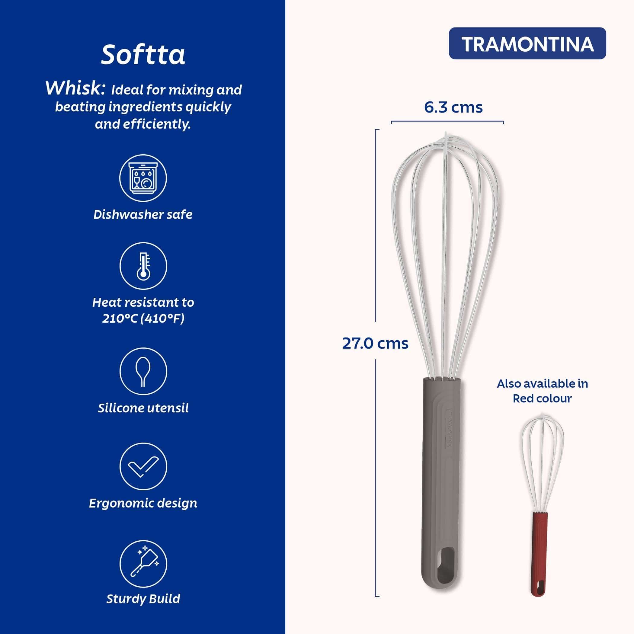 Tramontina Softta Heat‑Safe Whisk – Stainless Steel Whisk with Grey Rubber Grip – 210°C Safe – Perfect for Mixing, Whipping, Blending 4