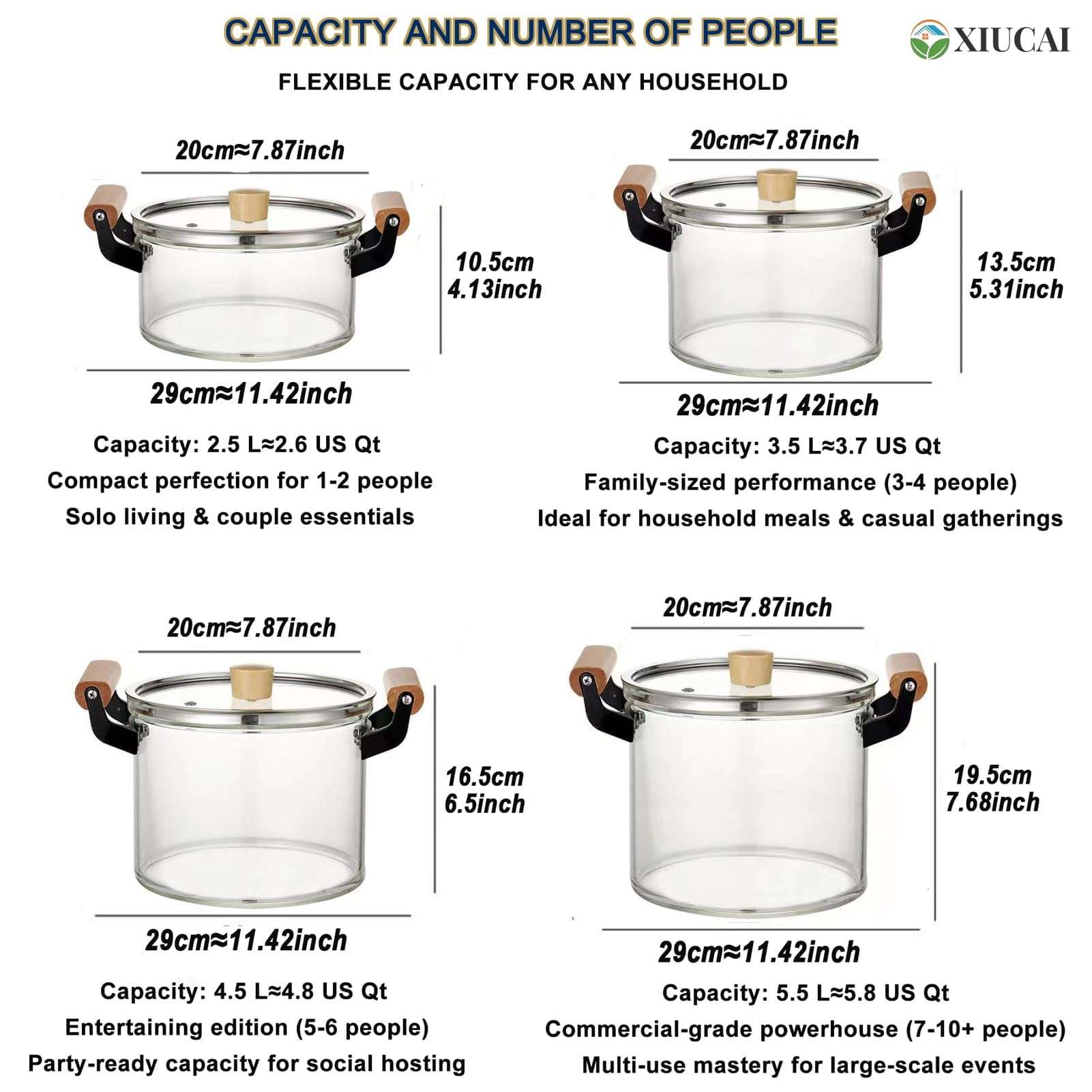 XIUCAI Heatable Glass Transparent Soup Pot, with Glass Lid and Wooden Handle, Heat Resistant Versatile Stew Pot｜Essential Kitchenware in Home Kitchens and Dining Rooms,4.5L 4