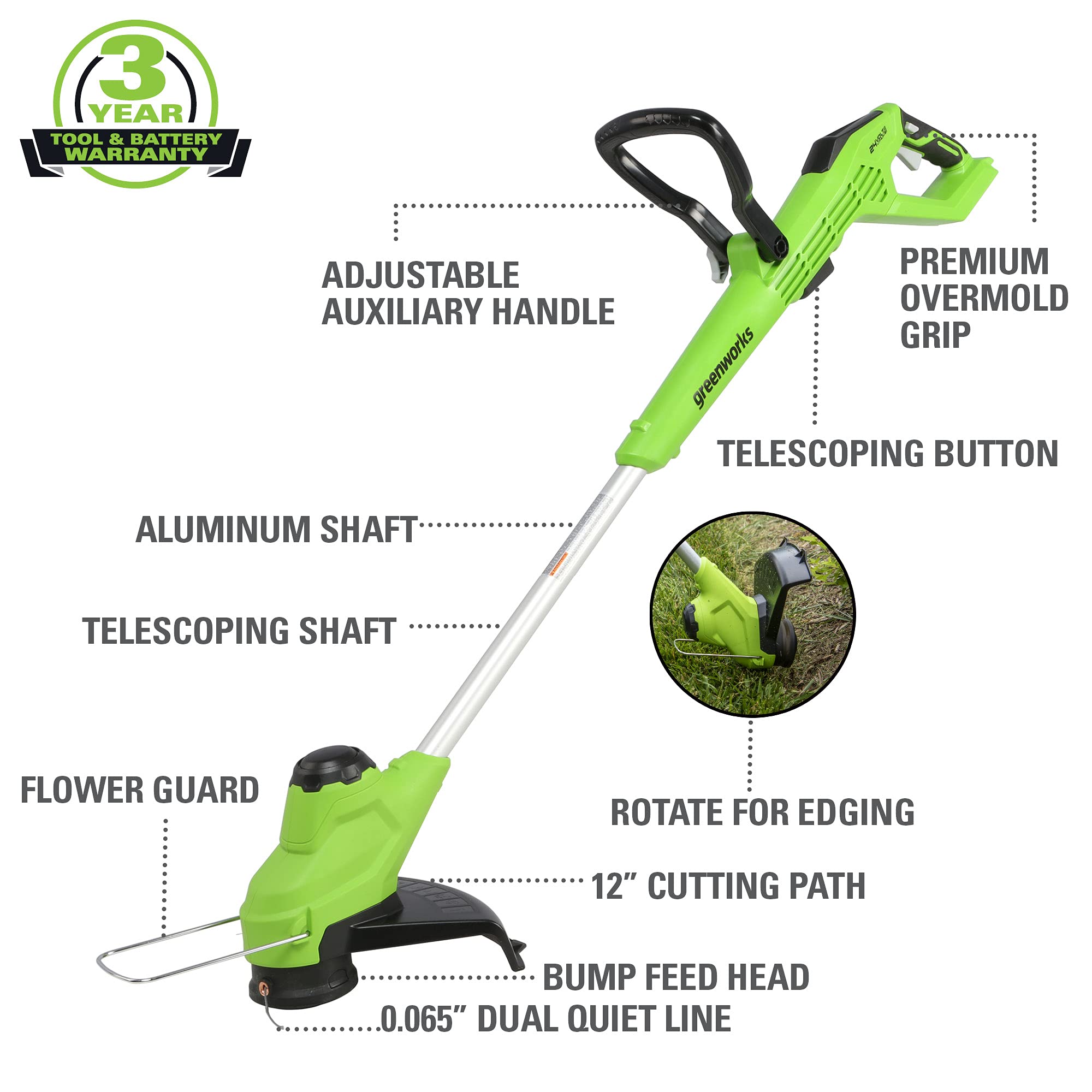 Greenworks 24V 12” TORQDRIVE String Trimmer, 0.065" Trimmer Line, 2Ah USB Battery and Charger 4