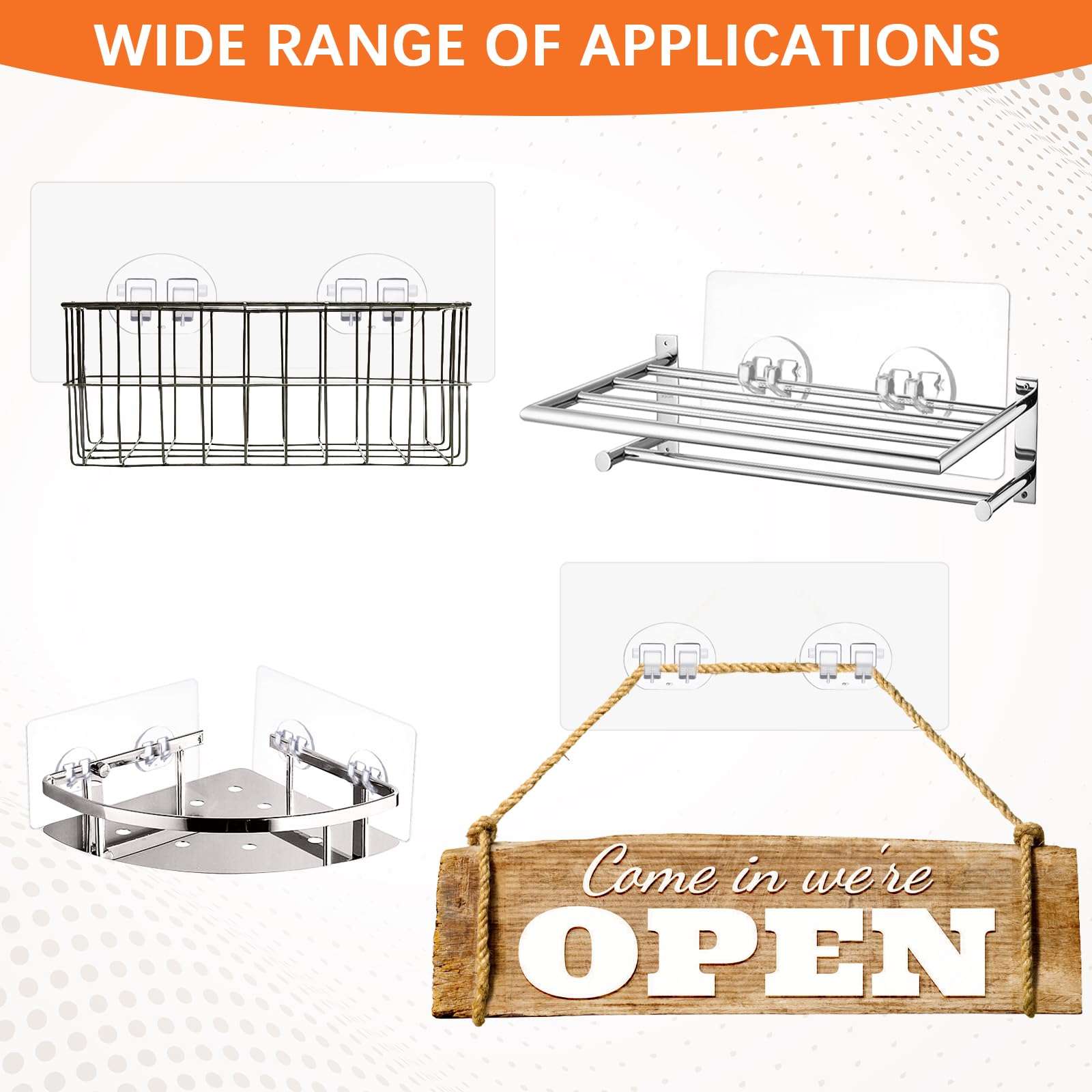 8 Pack Shower Caddy Adhesive for Replacement, Strong Adhesive Sticker Hooks Transparent Adhesive Wall Hooks No Drilling for Shower Caddy Basket Shelf Bathroom Storage Corner Shelves Kitchen Racks 4