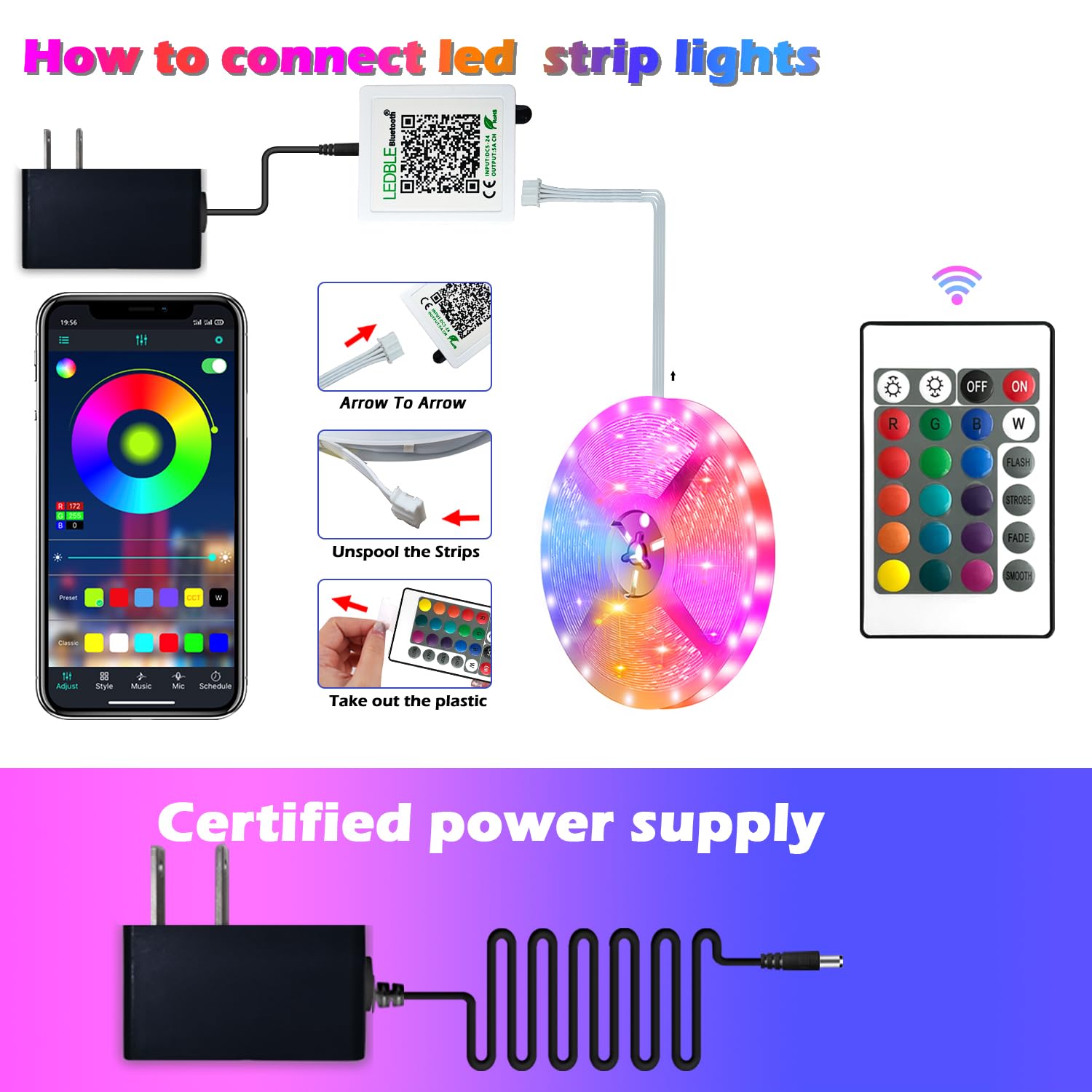 Led Strip Lights, 41ft/12m Long Smart Led Light Strips Music Sync 5050 RGB Color Changing Rope Lights,Bluetooth APP/IR Remote/Switch Box Control Led Lights for Bedroom,Home Decoration,Party,Festival 6