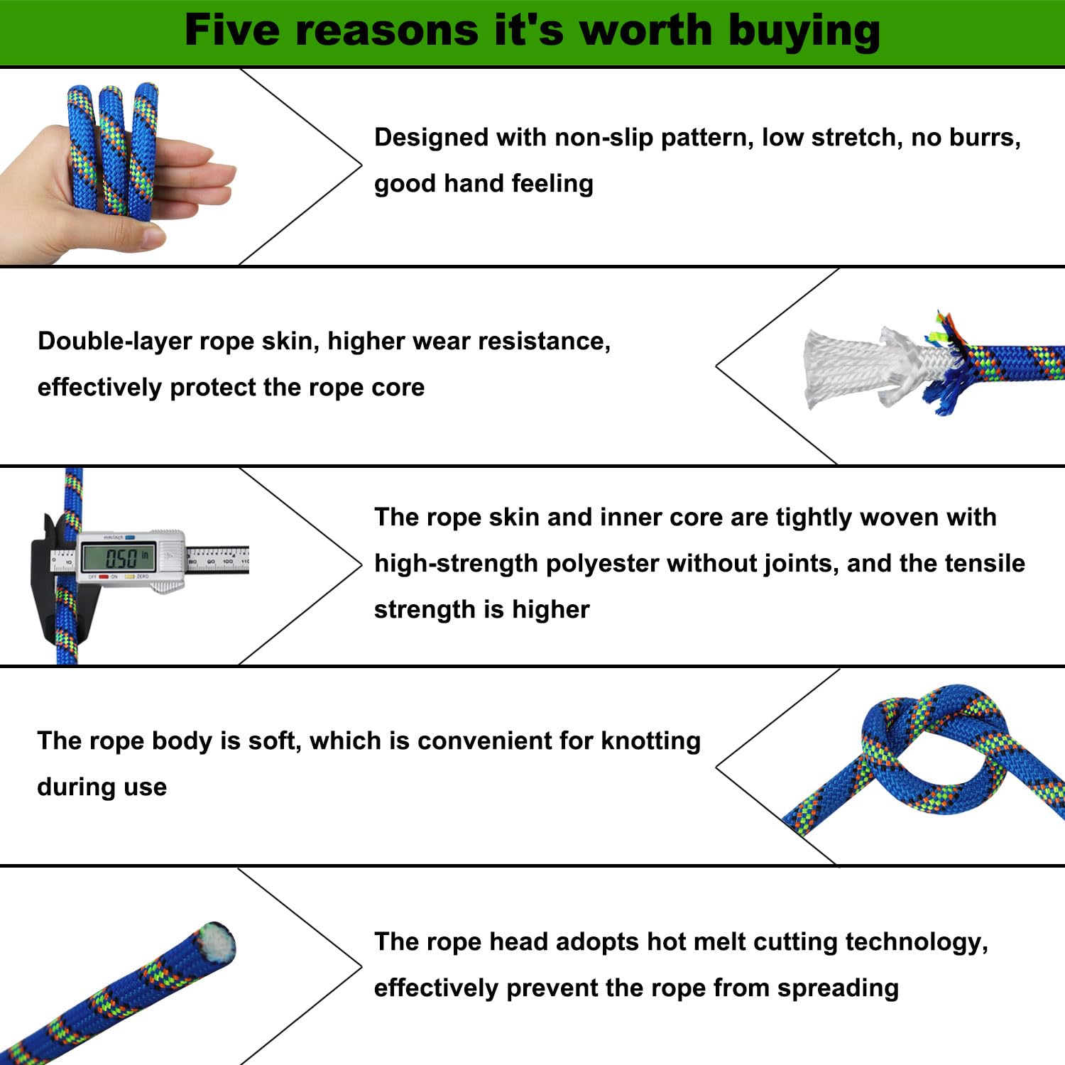 CRAYZA Double Braided Polyester Rope (1/2 in x 200 ft) Strong Arborist Rigging Rope 48 Strands for Tree Work Climbing Pulling Swing Sailing, Blue 4