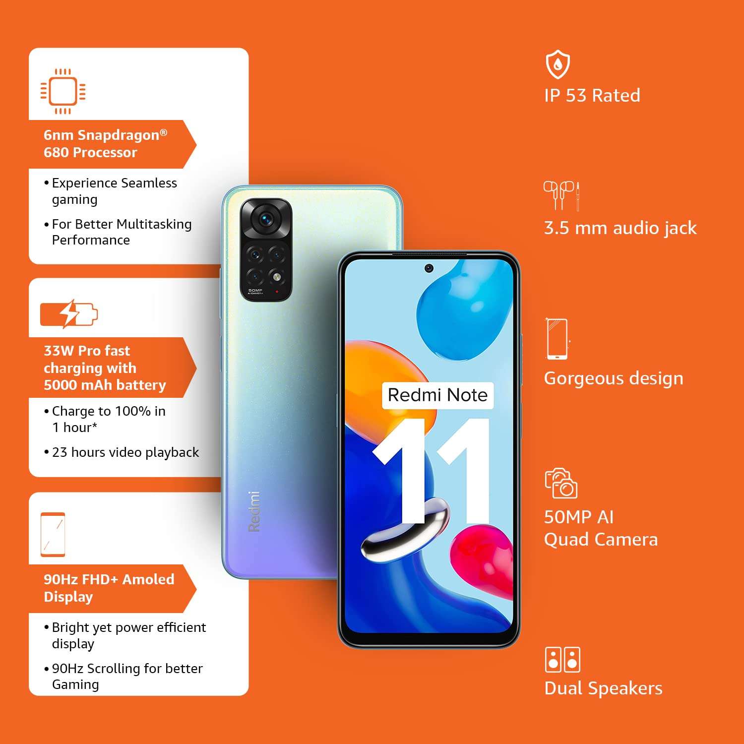 Redmi Note 11 (Starburst White, 6GB RAM, 64GB Storage)|90Hz FHD+ AMOLED Display | Qualcomm® Snapdragon™ 680-6nm | 33W Charger Included 2