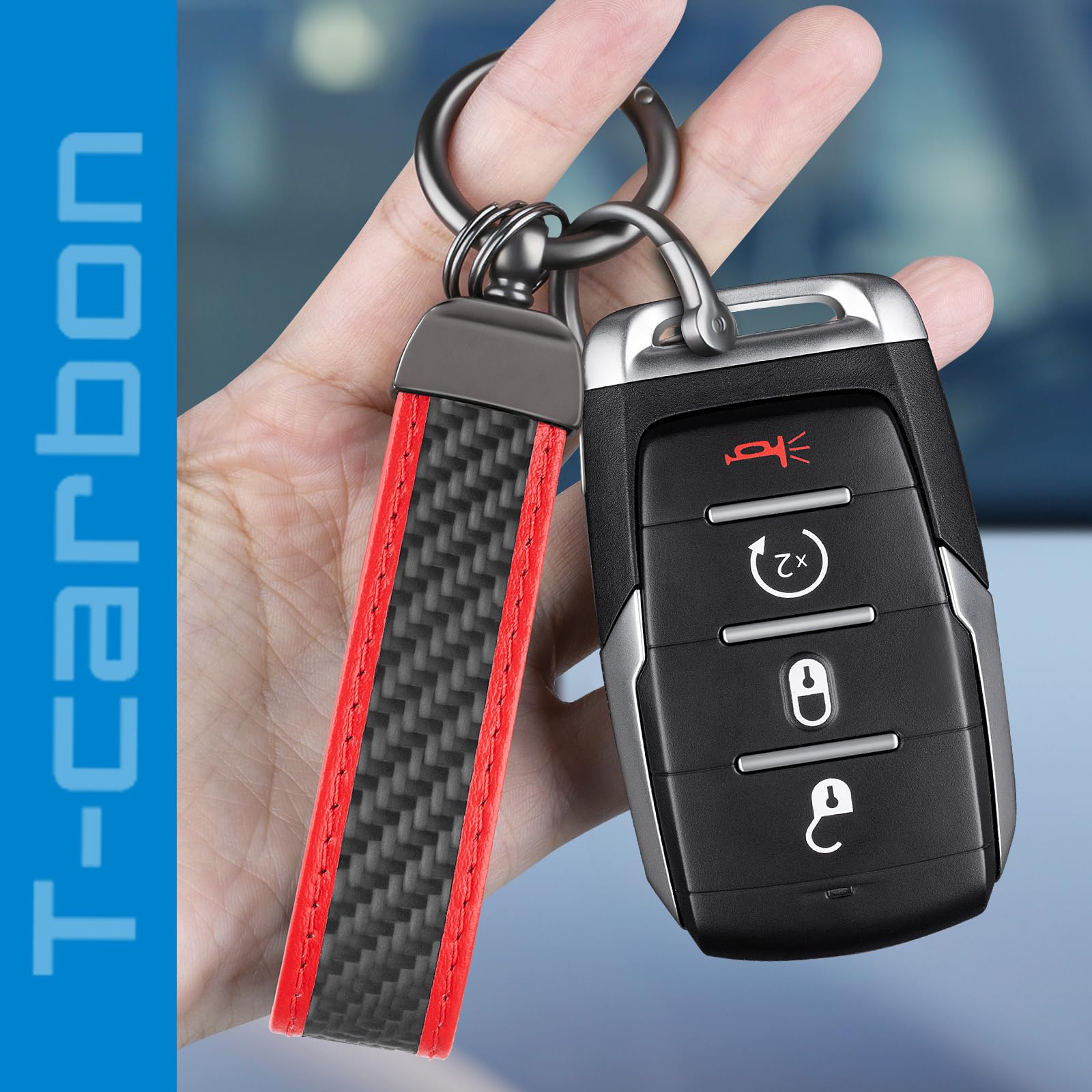 Real Carbon Fiber Car Keychain,Minimalist Leather Edges,Car Key Fob Chain Holder,Car Key Fob Keychains Replacement,Keychains for Men Women,Car Key Accessories,RED 5