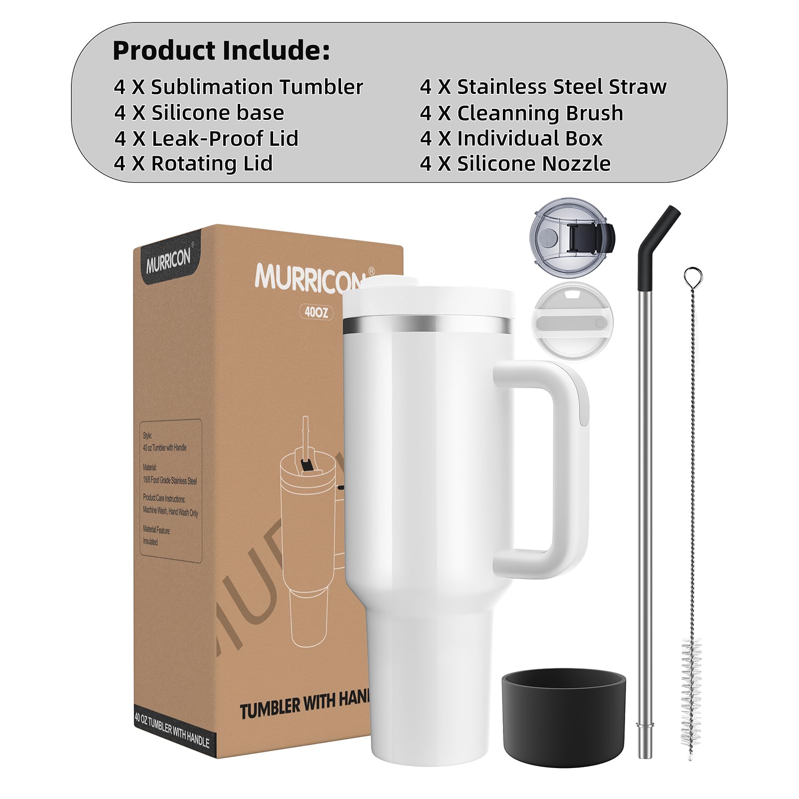 MURRICON 40 oz Tumbler with Handle and Straw,Stainless Steel Sublimation Tumblers with Handle,Vacuum Insulated Travel Mug with Lid,for Coffee and Beverages,4 Pack 2