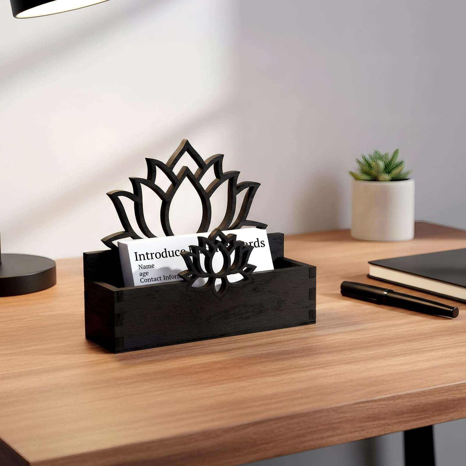Qunclay 2 Pack Lotus Flower Business Card Holder, Wooden Decorative Business Card Holders for Desk Postcard Display Stand for Office Desktop (Black) 3