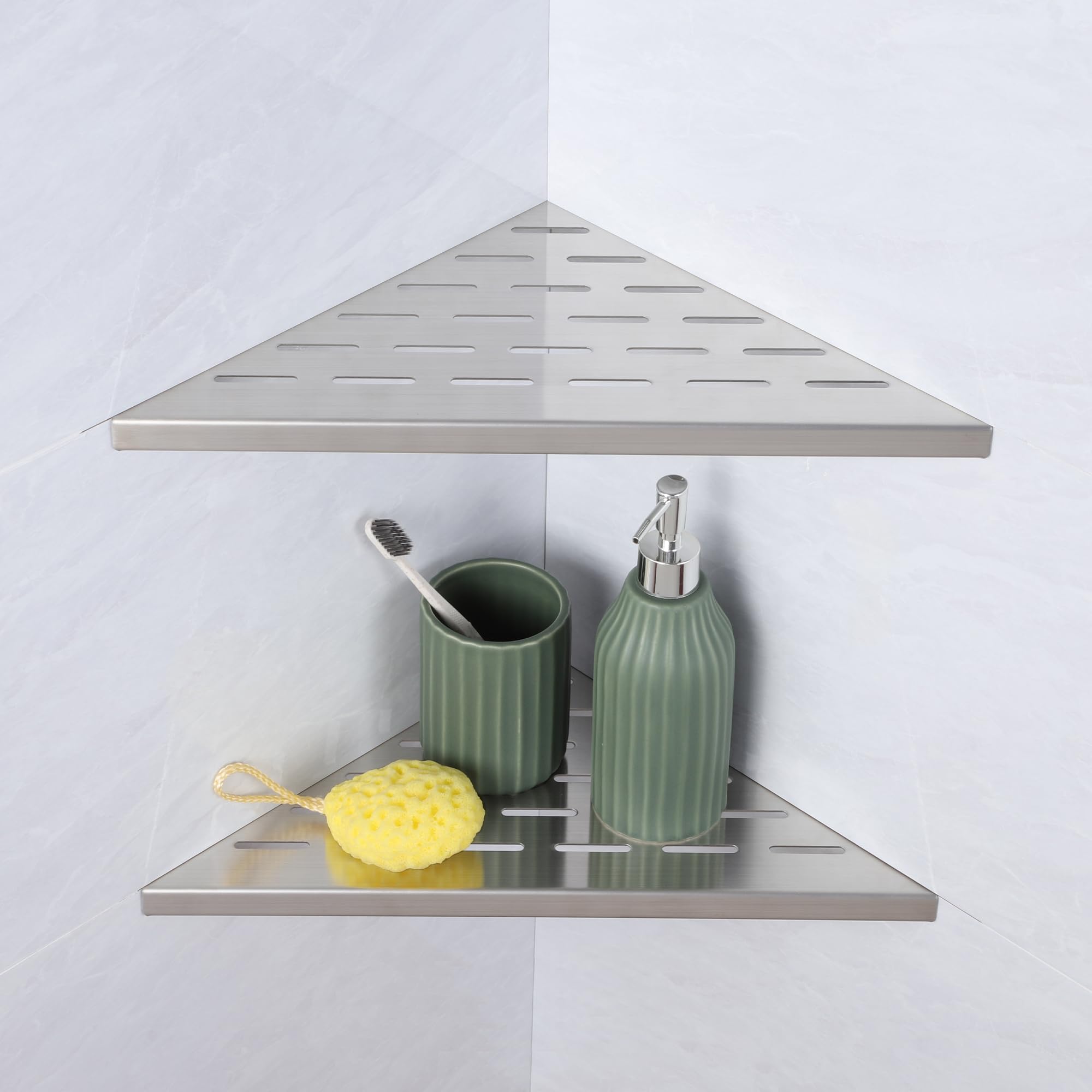 Xiarnotogi 12" Corner Shower Shelf, 2-Pack Bathroom Shelves for Tile Walls, SUS304 Stainless Steel Recessed Shower Shelf, Grout in Corner Organizer Shelves, Brushed Silver, Large Size