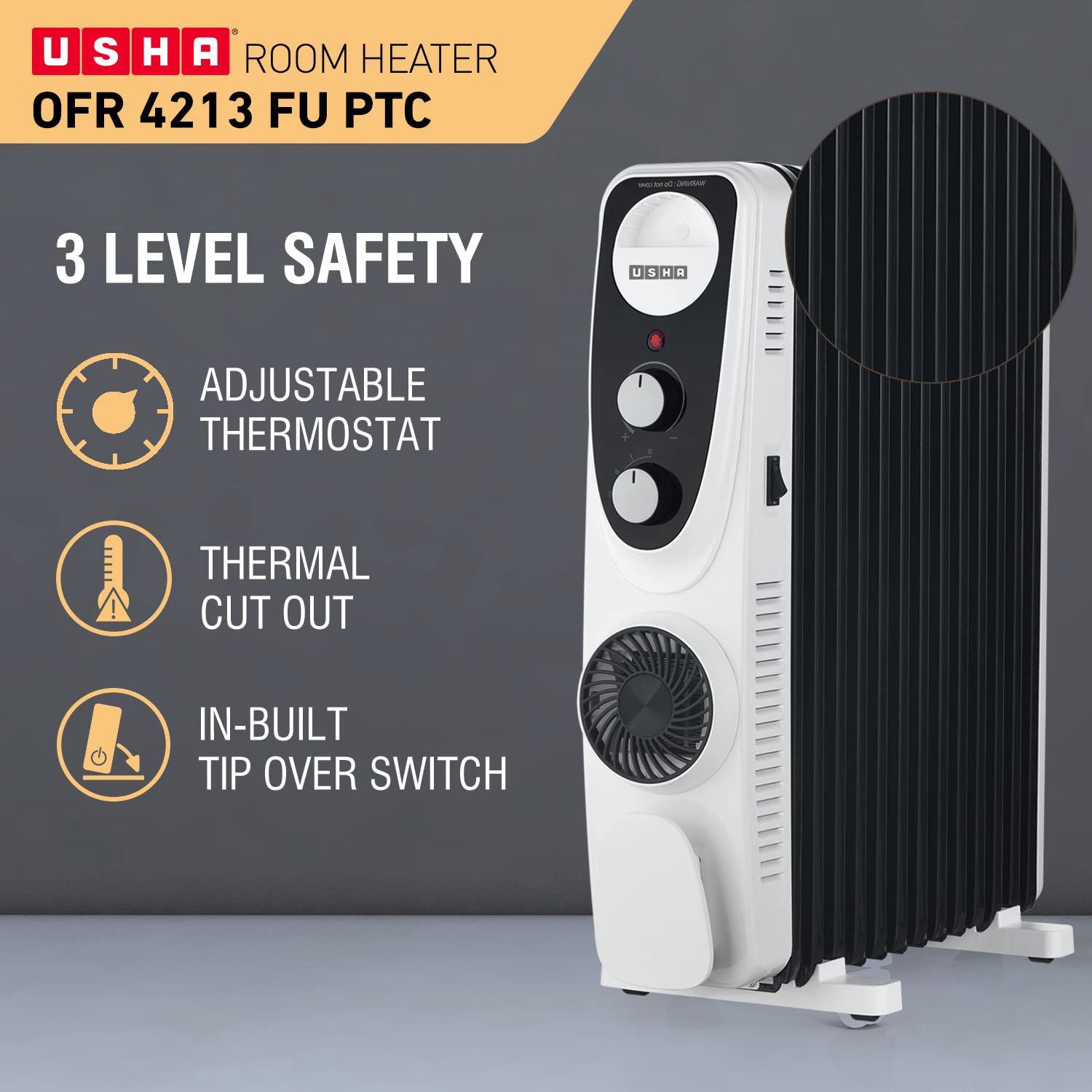 Usha 4213 FU PTC U Shaped 13 Fin Oil Filled Radiator Room Heater (Black) 5