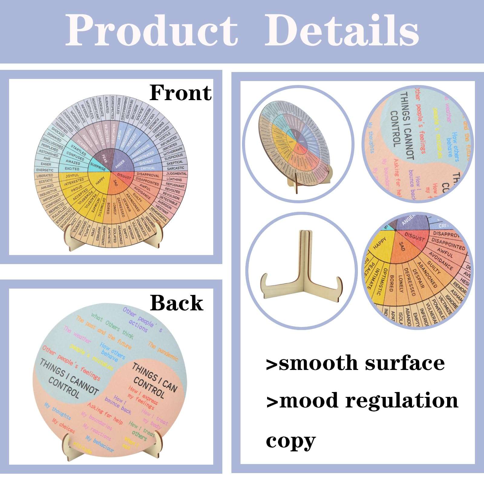 Feelings Wheel Therapy Office Desk Decor, 2 Sets of Wooden Double Sided Mental Health Office Emotions Charts with Stand Therapist Gift for Home School Classroom Social Men Women 5