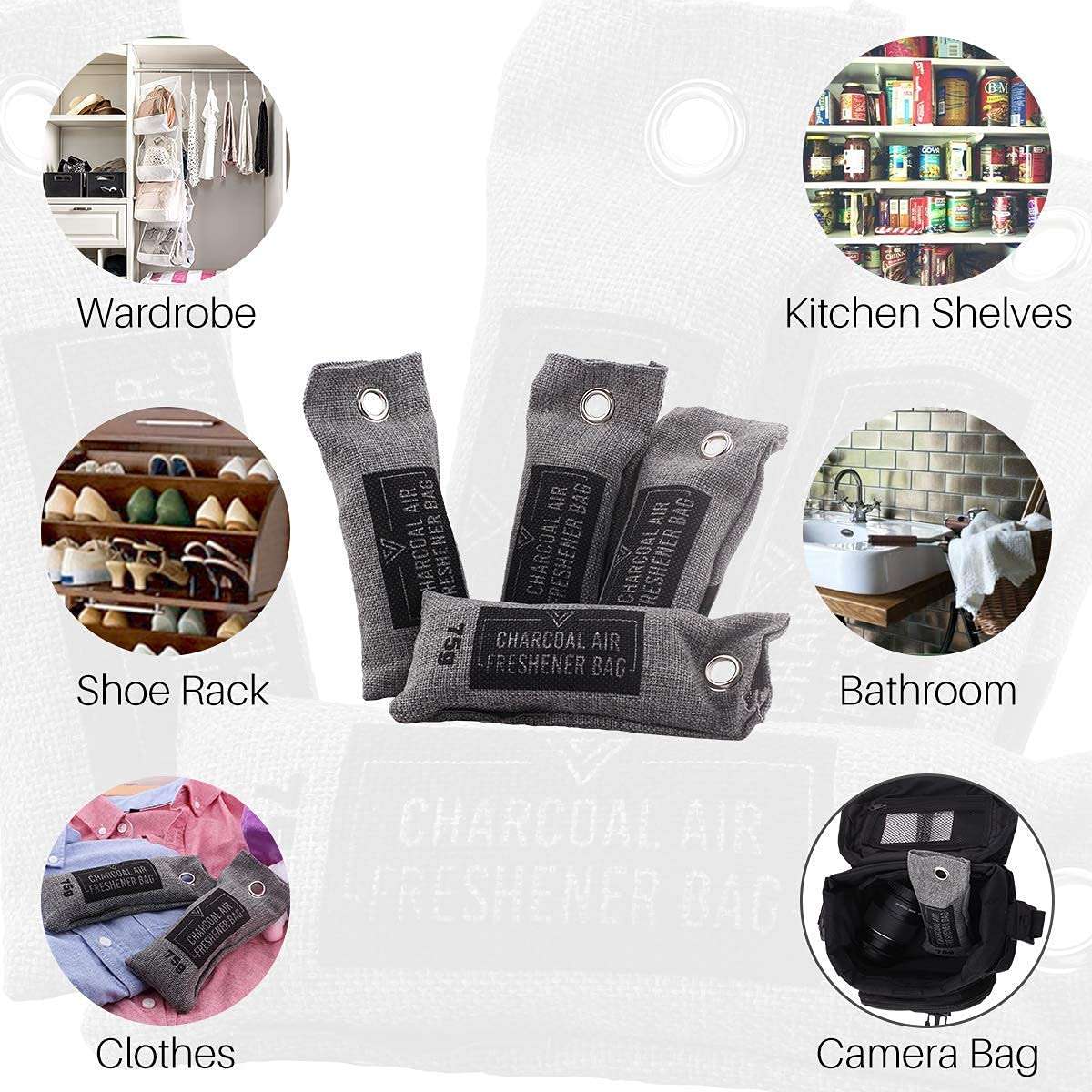 Vitchelo Bamboo Charcoal Air Purifying Bag (4 x 75g), Charcoal Bags Odor Absorber, Car Air freshener Bag, Activated Bamboo Deodorizer Moisture Absorber, Odor Eliminator for Home, Closet, Pet (Gray) 3