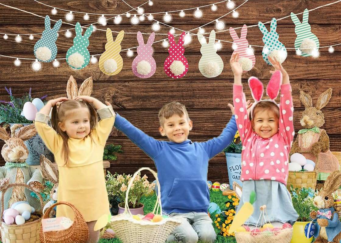 Easter Backdrop for Photography 10x8FT Spring Green Grass Flower Rabbit Egg Wooden Wall Background Easter Kids Newborn Portrait Photo Props 4