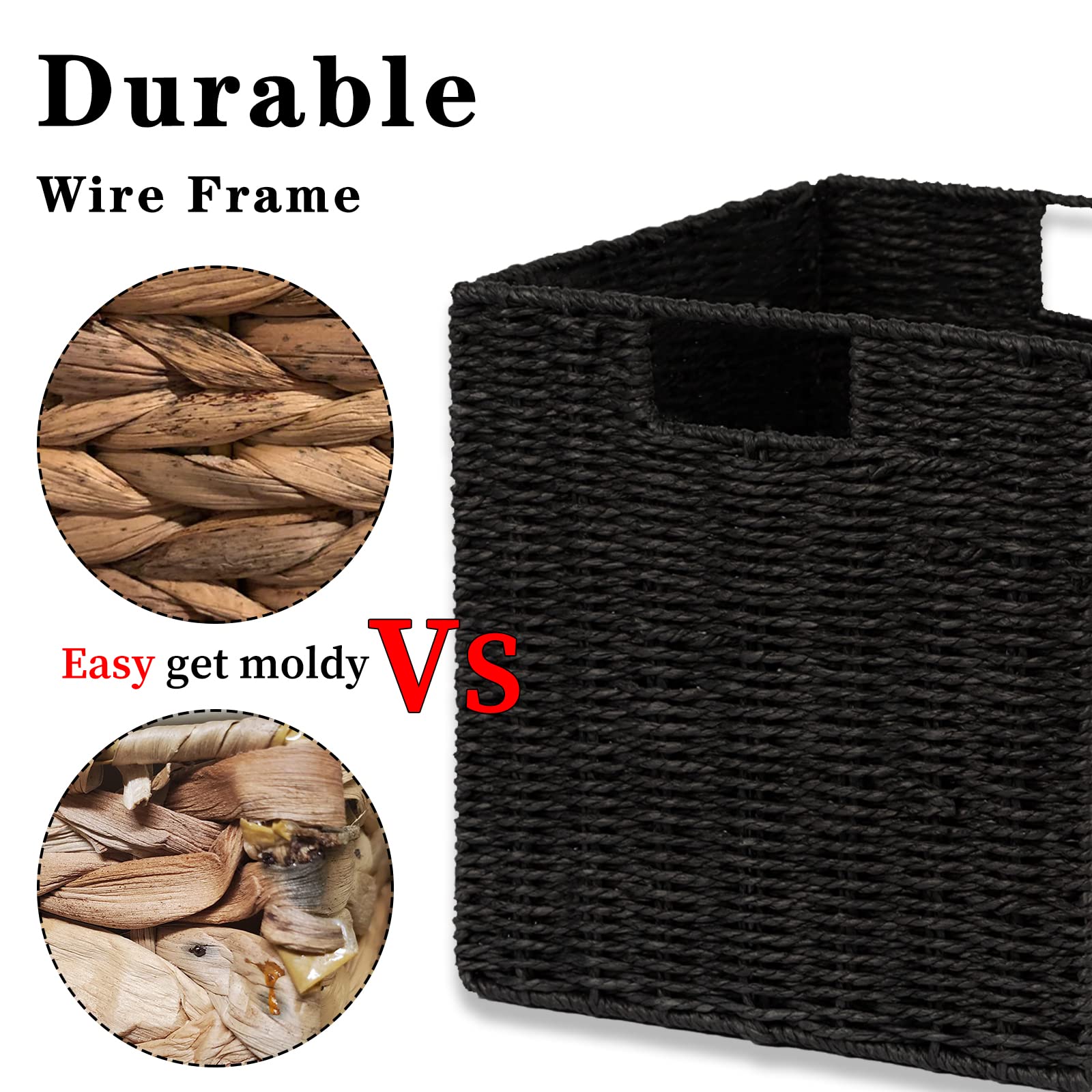 Vagusicc Storage Basket, Set of 2 Hand-Woven Paper Rope Wicker Baskets, Foldable Storage Bins, Large Wicker Storage Square Baskets for Decor & Organizing, Black (11″×11″×11″) 3
