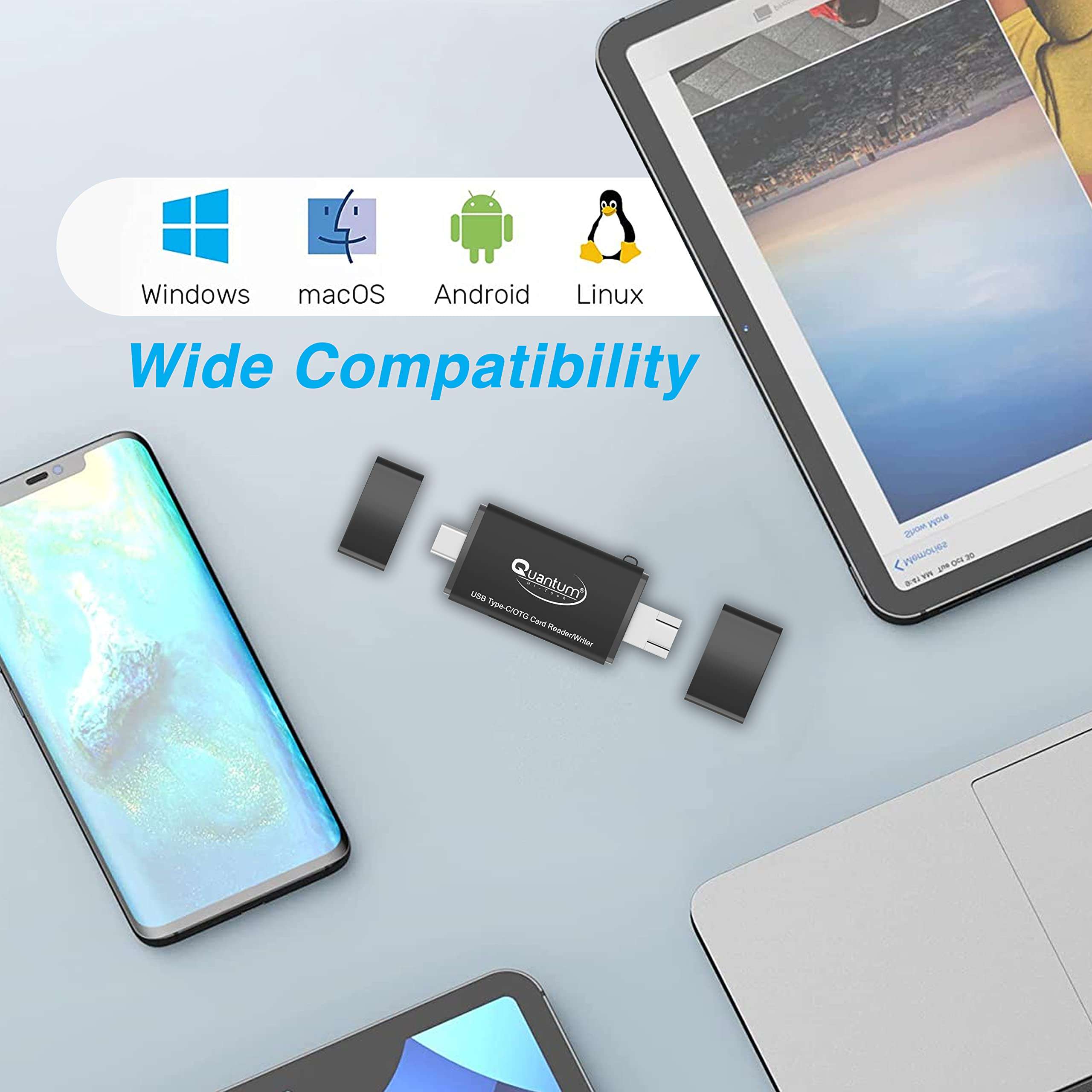 QUANTUM OTG Card Reader and Hub with Type-C, USB & Micro USB Ports | Portable Memory Card Reader Supports USB Drives, TF, SD, Micro SD Cards QHM6570 5