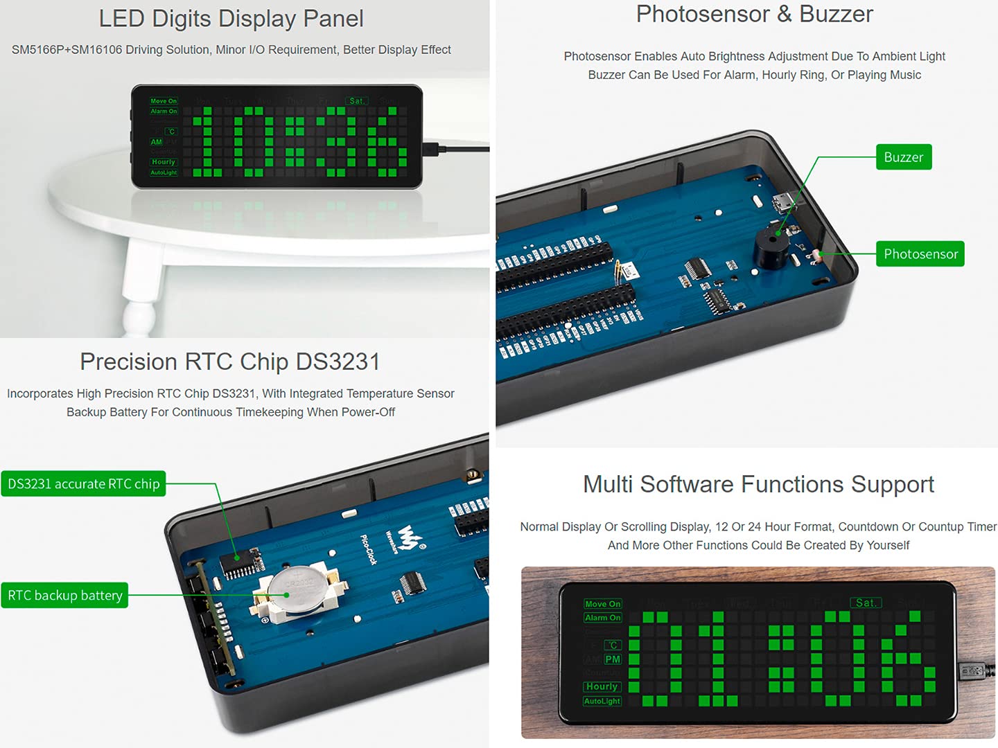 Electronic Clock for Raspberry Pi Pico, LED Digits Onboard RTC Chip DS3231 Photosensor Buzzer with Accurate Real-Time Clock Date Temperature Alarm Timer Hourly Ring Auto Brightness Multi Functions 5