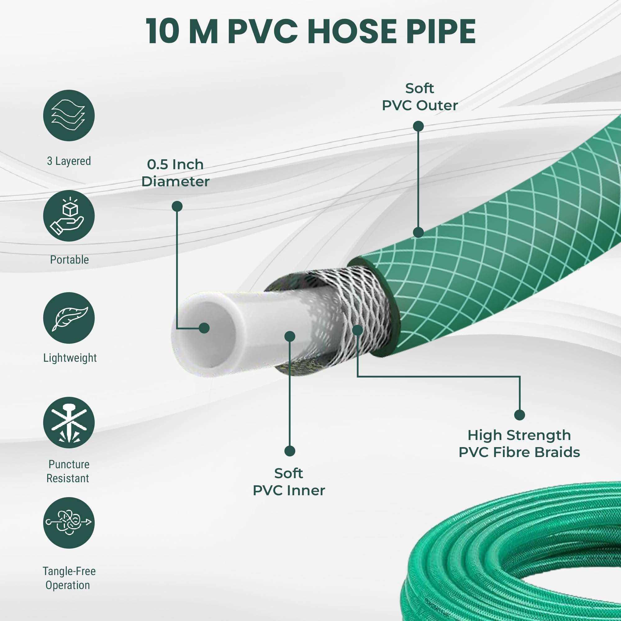 Roots and Leaf 10M 0.5 Inch Braided PVC Garden Hose Pipe with 8 Pattern Spray Gun with 4 Clamps and tap Adaptor - Green | Heavy Duty Water Pipe for Garden, Car Washing, Garden Pipe for Home 5