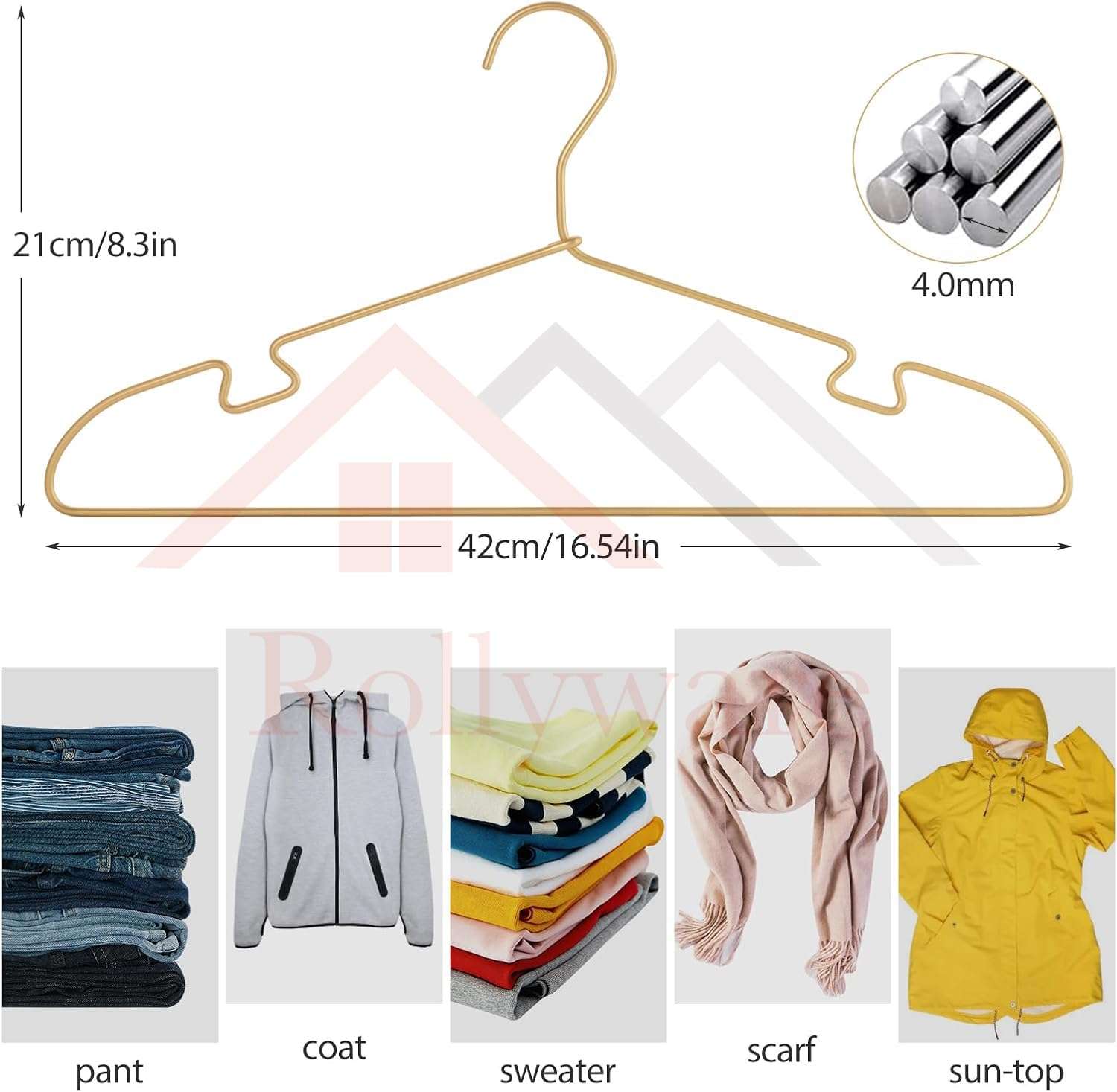 Rollyware ® Stainless Steel Hanger, 16.5 Inch Smooth and Durable Metal Shirt Dress Hanger, Lightweight and Sturdy for Suit Jackets and Casual Pants (10, Gold) 4