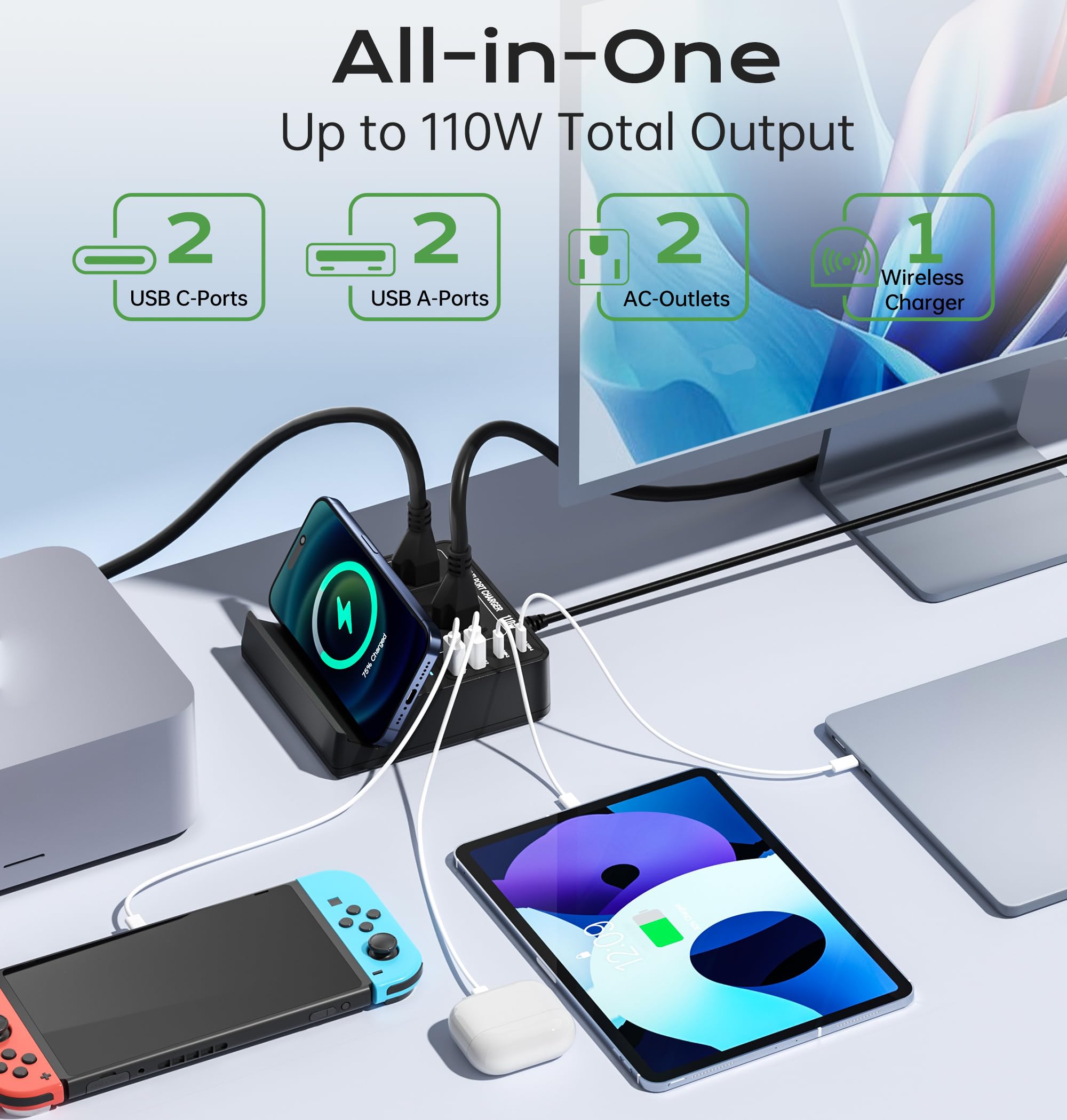 Charging Station for Multiple Devices Apple, TOPOINT 7 in 1 Power Strip with Wireless Charger for iPhone, 65W Fast Charging USB C Charger Block Phone for Samsung Android MacBook iPad Tablet 4