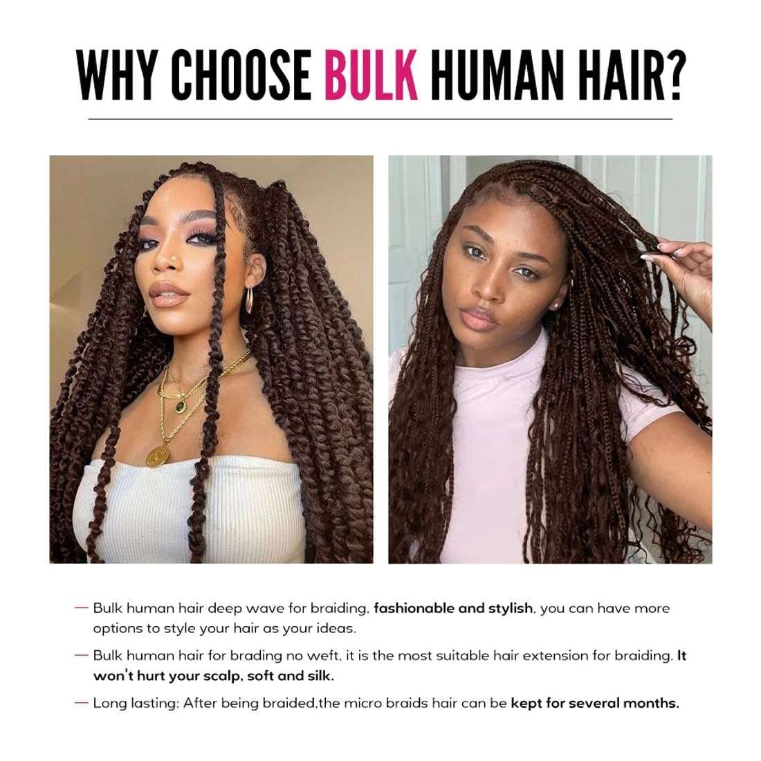 Leruikair Color 4 Chocolate Brown Deep Wave Bulk Human Braiding Hair 50g Per Bundle 2 Pcs Total 100g 20 Inch Brazilian Virgin Bulk No Weft Braiding Human Hair for Black Women 5