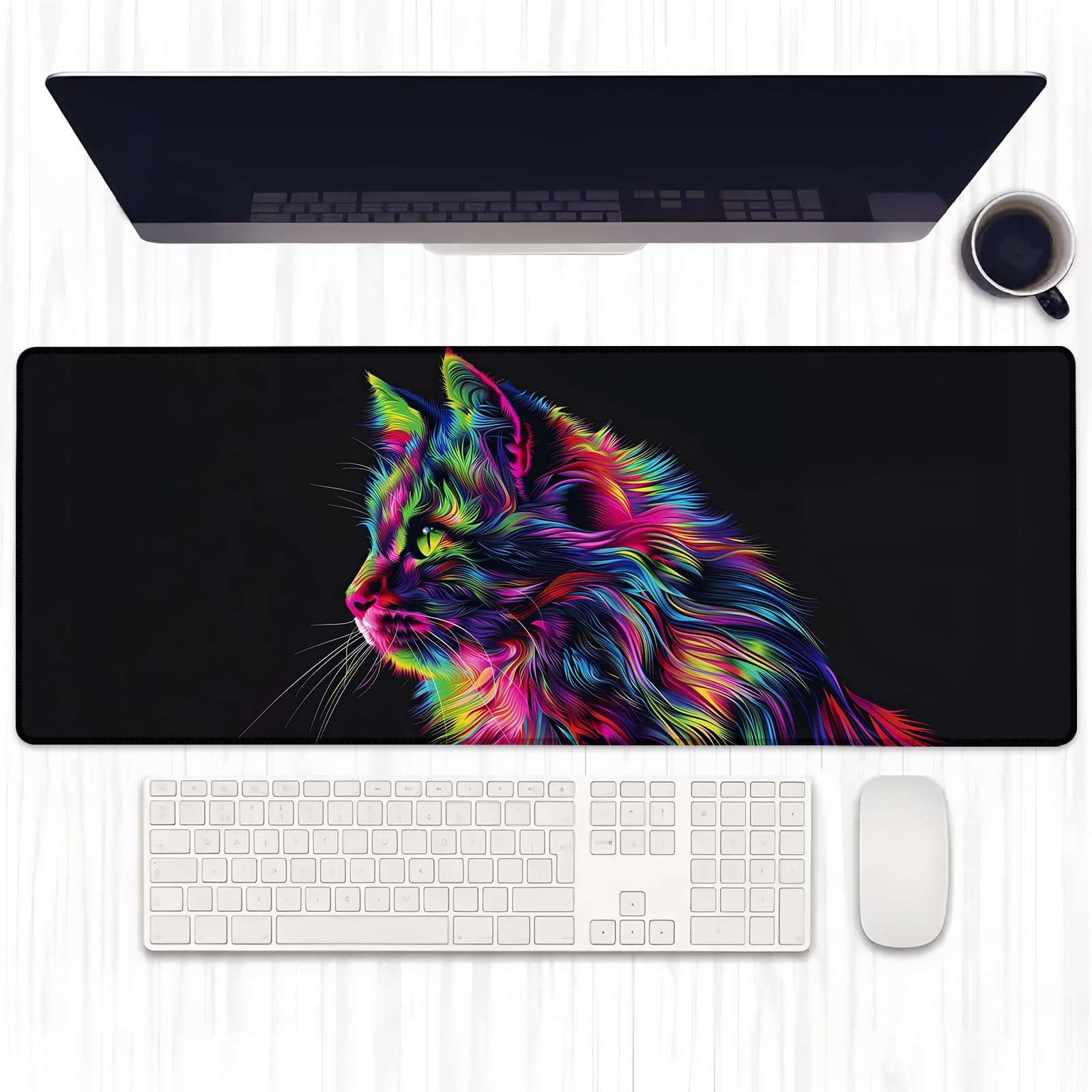 Ti Caldi Art Cat Gaming Mouse Pad, Extended Aesthetic Cats Design Desk Mat Computer Laptop Mousepad, Robust Stitched Edges, 31.5"×11.8" Large Office Keyboard Kitten Mouse Pads for Home Desktop Decor 1