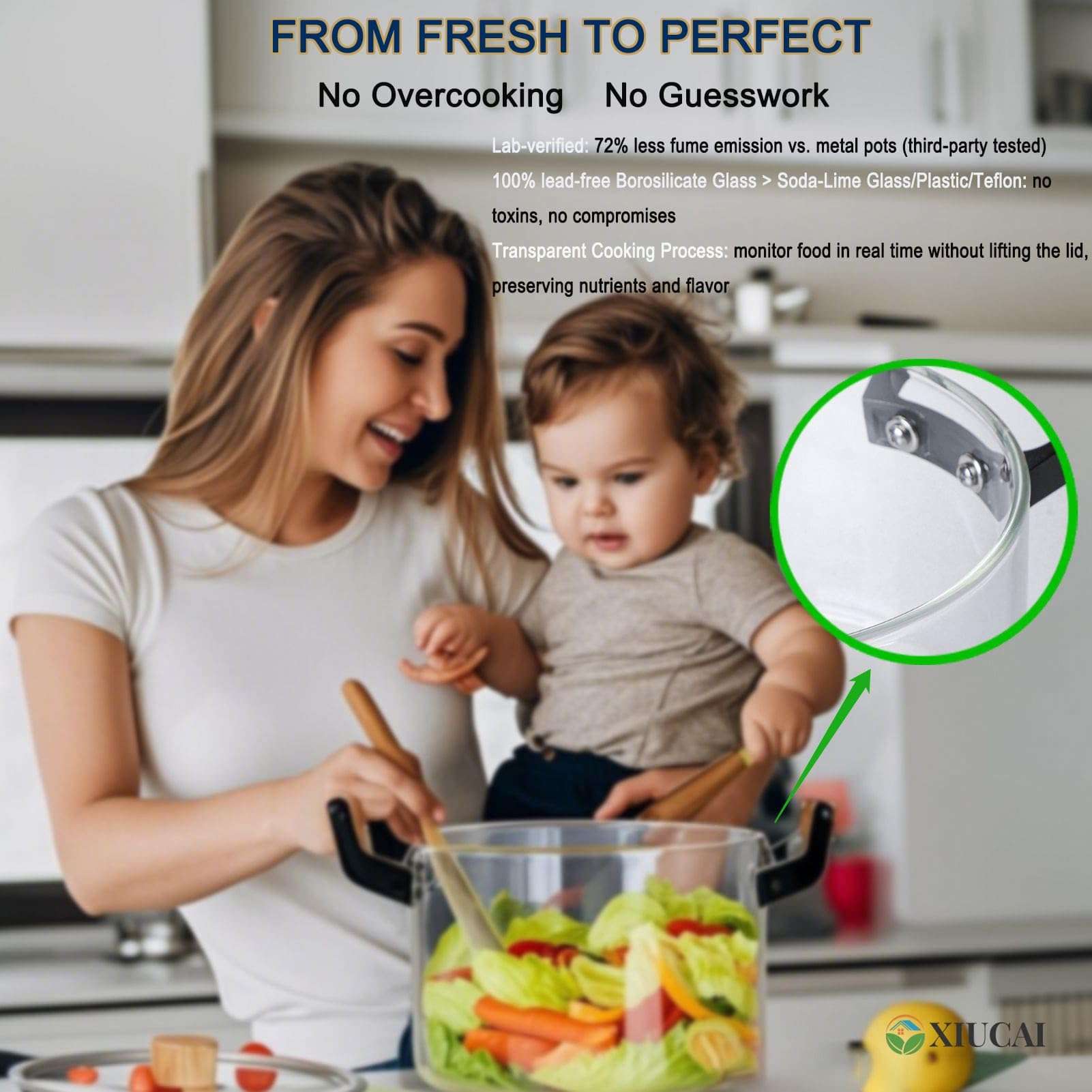 XIUCAI Heatable Glass Transparent Soup Pot, with Glass Lid and Wooden Handle, Heat Resistant Versatile Stew Pot｜Essential Kitchenware in Home Kitchens and Dining Rooms,4.5L 6