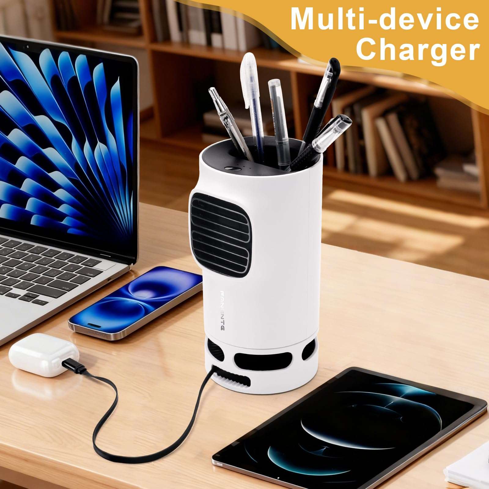 Pen Holder with Desktop Fan Charger Desk Organizer for Desk, 15W Fast Wireless Charger with Pen Holder for Home Office Supplies, Compatible with iPhone and Samsung 5