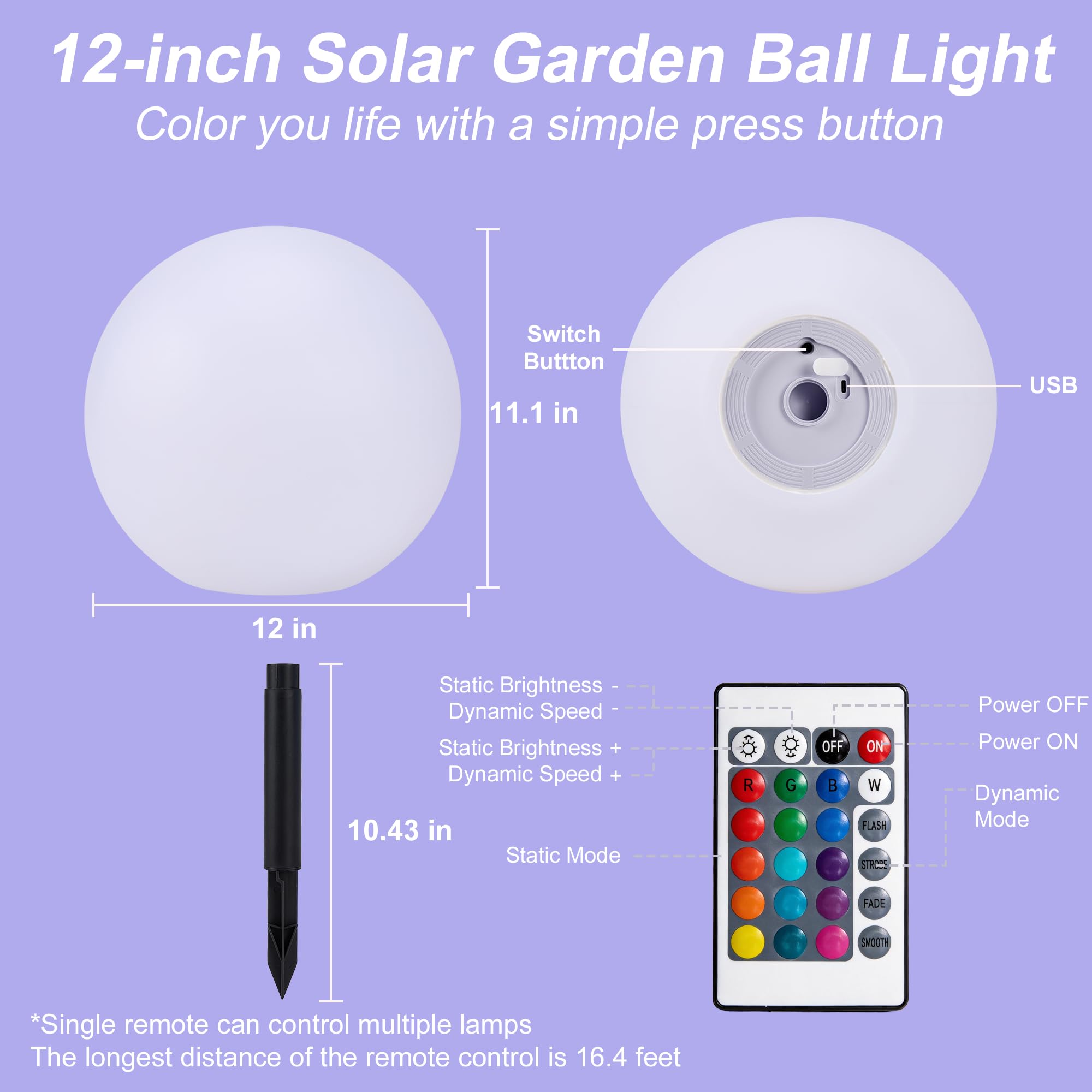 Fastruggle 12 Inch Solar Ball Light, Solar Rechargeable Globe Light,16 RGB Colors and Dimmable Globe Light with Remote,Decor for Patio,Garden,Yard,Beach,Pathway,Party Decorative Lighting 4