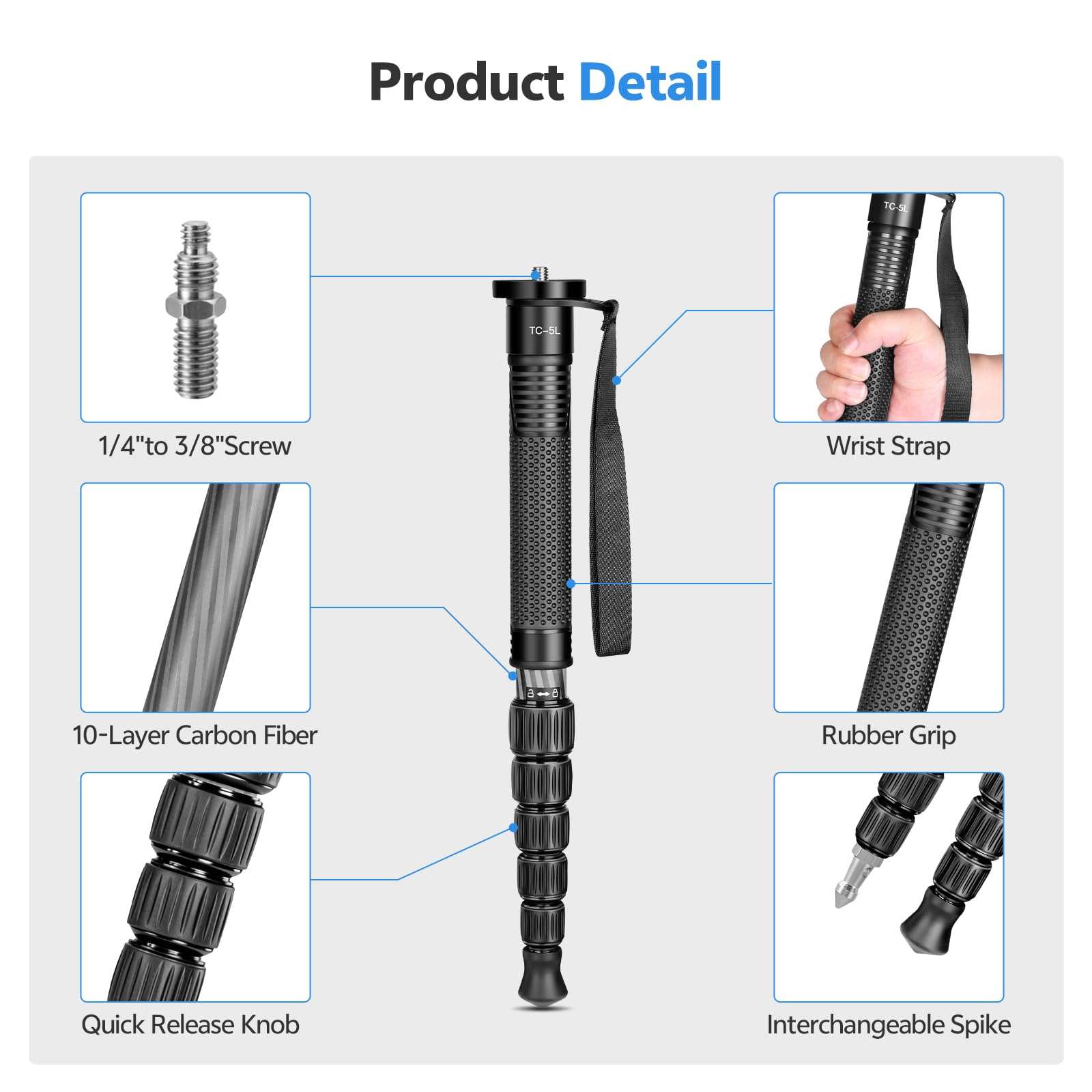 TONYBOO 61" Carbon Fiber Camera Monopod,28mm 6-Section Height,Portable Lightweight,Max Load 16 lbs,Travel Monopod for DSLR Mirrorless Cameras Camcorders Compatible with Canon Nikon Sony 5