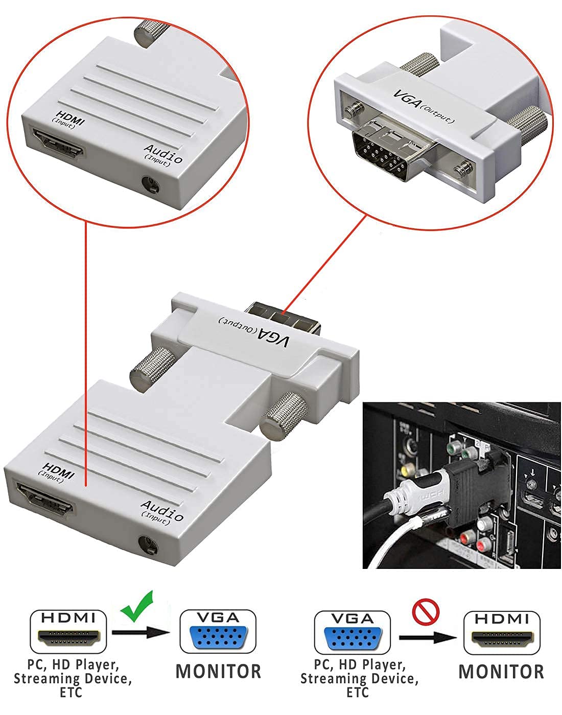 RuhZa HDMI to VGA Adapter Converter with 3.5mm Stereo Audio, Active Female HDMI to VGA Male 1080p Video Dongle Adaptor Comaptible with Laptop PC PS3 Xbox STB Blu-ray DVD TV Stick Roku 4