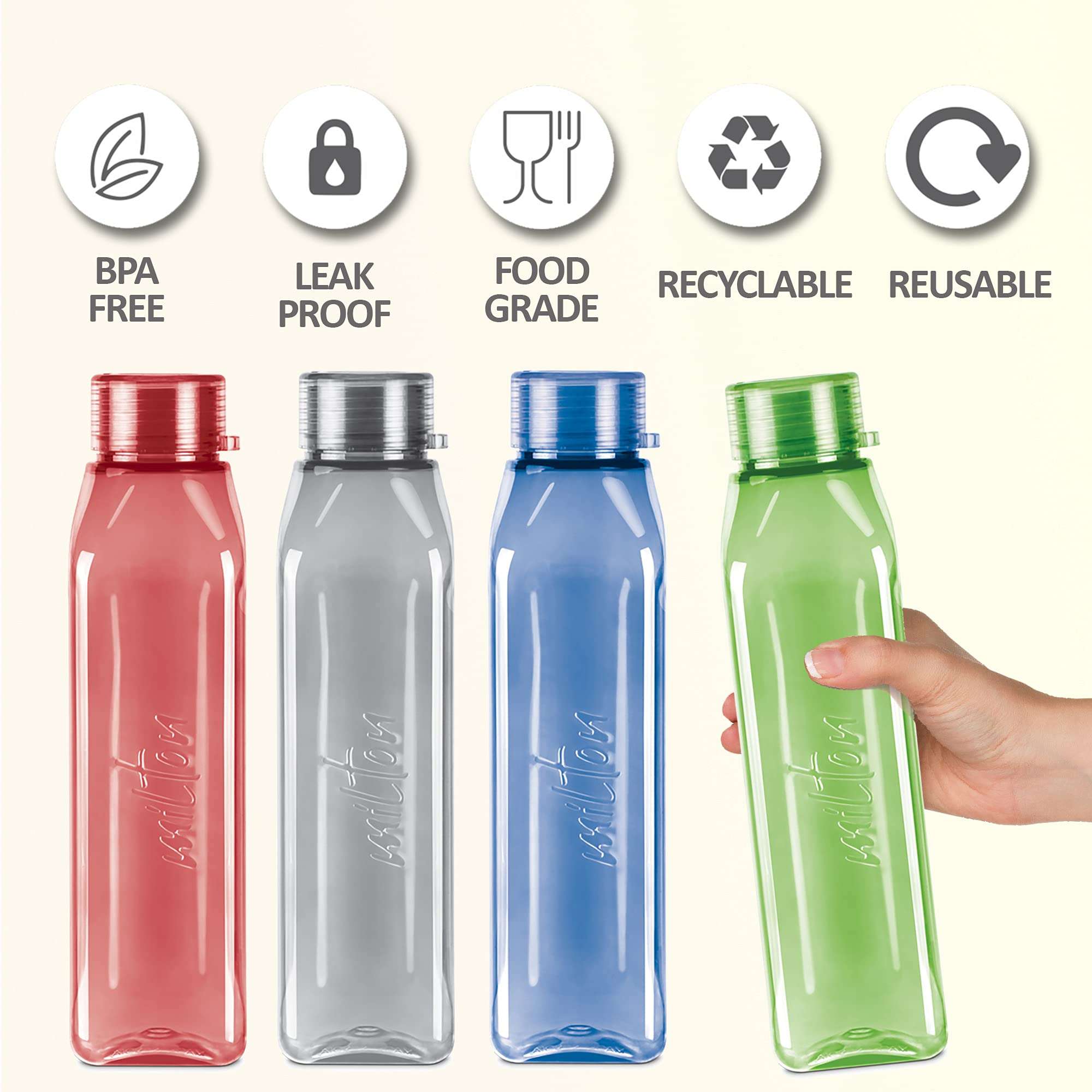 MILTON Prime 1000 Pet Water Bottle, Set of 5, 1 Litre Each & MILTON New Steel Combi Lunch Box, 3 Containers and 1 Plastic Tumbler with Jacket, Set of 4, Blue 4