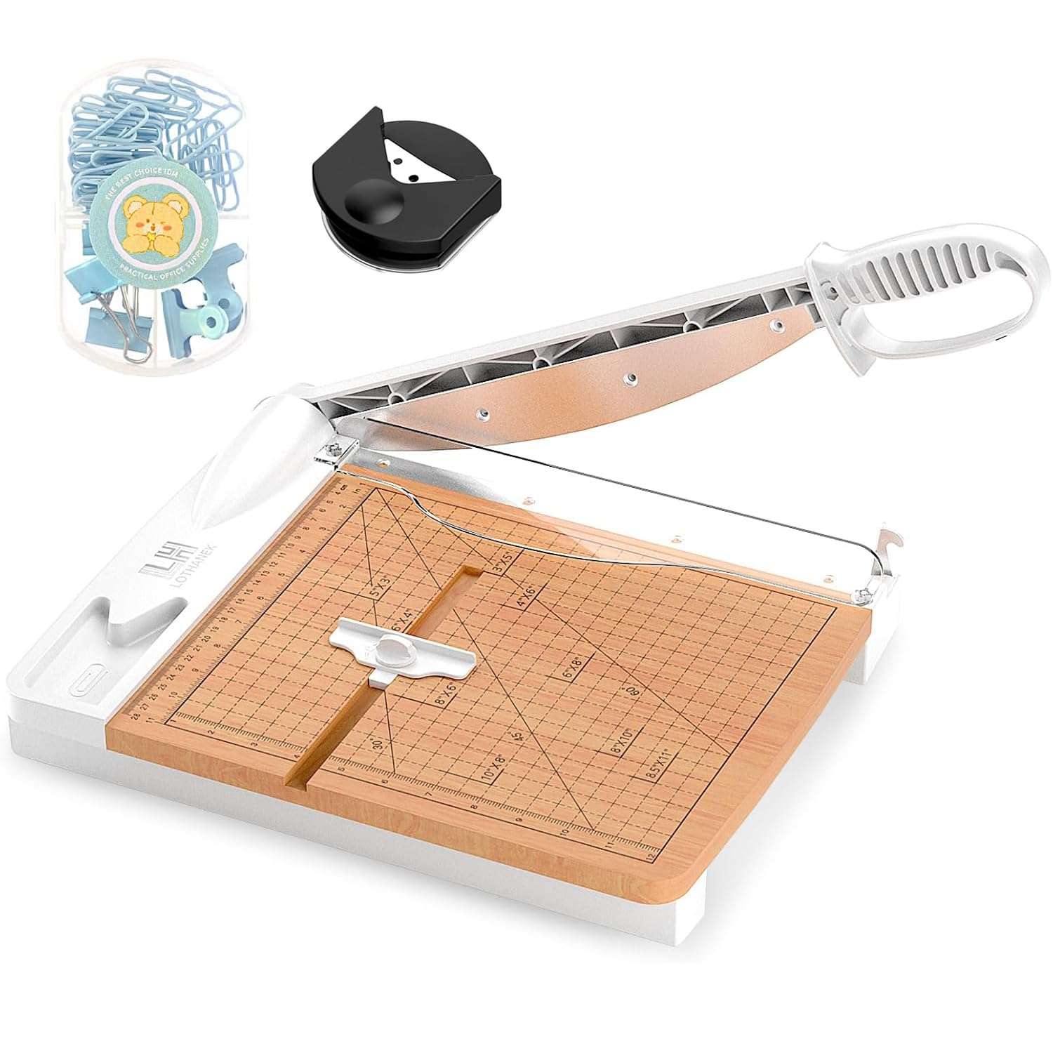 12 Inch Wood Guillotine Paper Cutter, Heavy Duty Wood Base Paper Trimmer with 32 Sheets Paper Cutting Board for Classroom, Crafting, Cardstock, Art Projects (White) 1