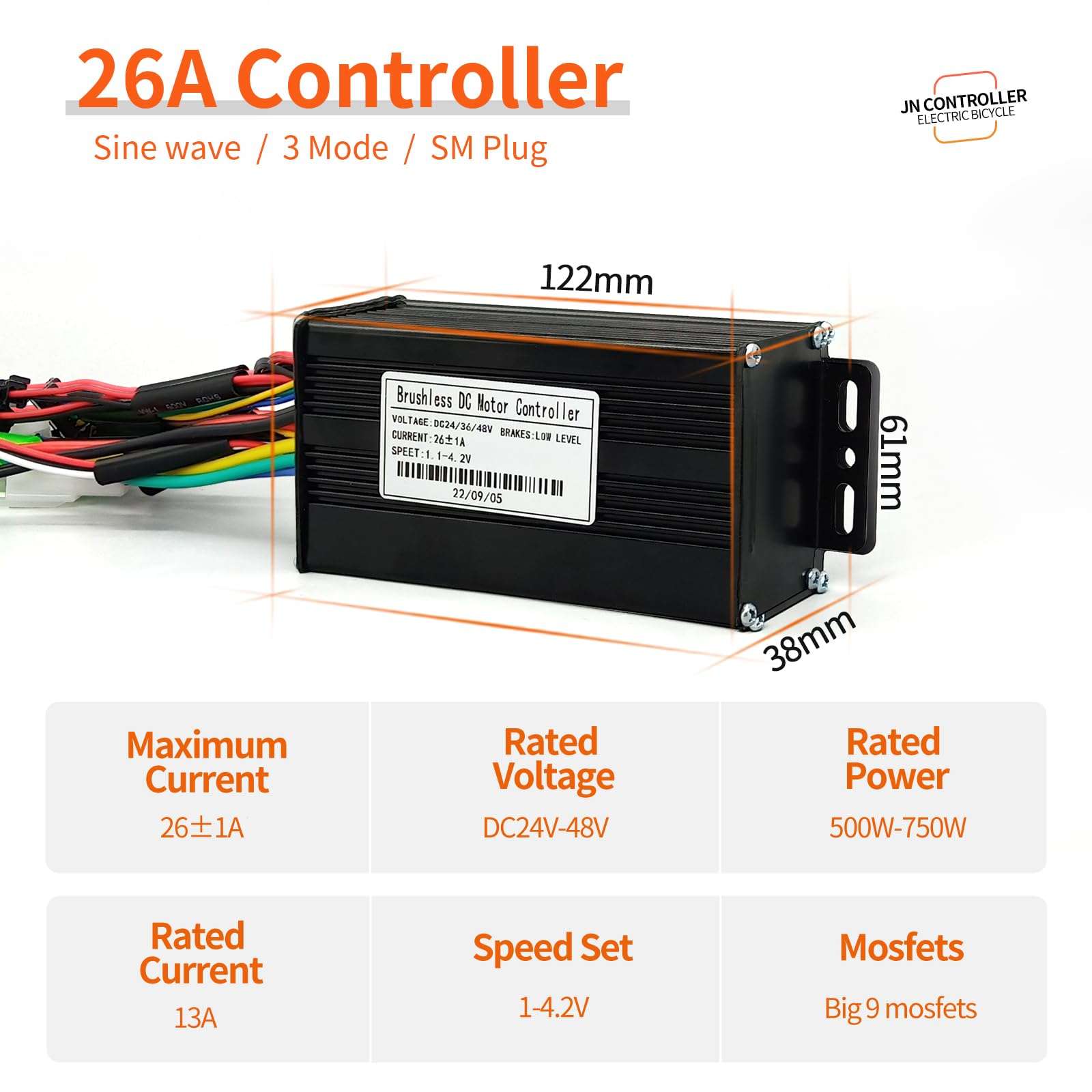 Ebike 26A Sine Wave Controller with CS866 Color Display, Adjustable Throttle & PAS for 500W 800W 1000W 1800W Electric Bicycles Hub Motor 3