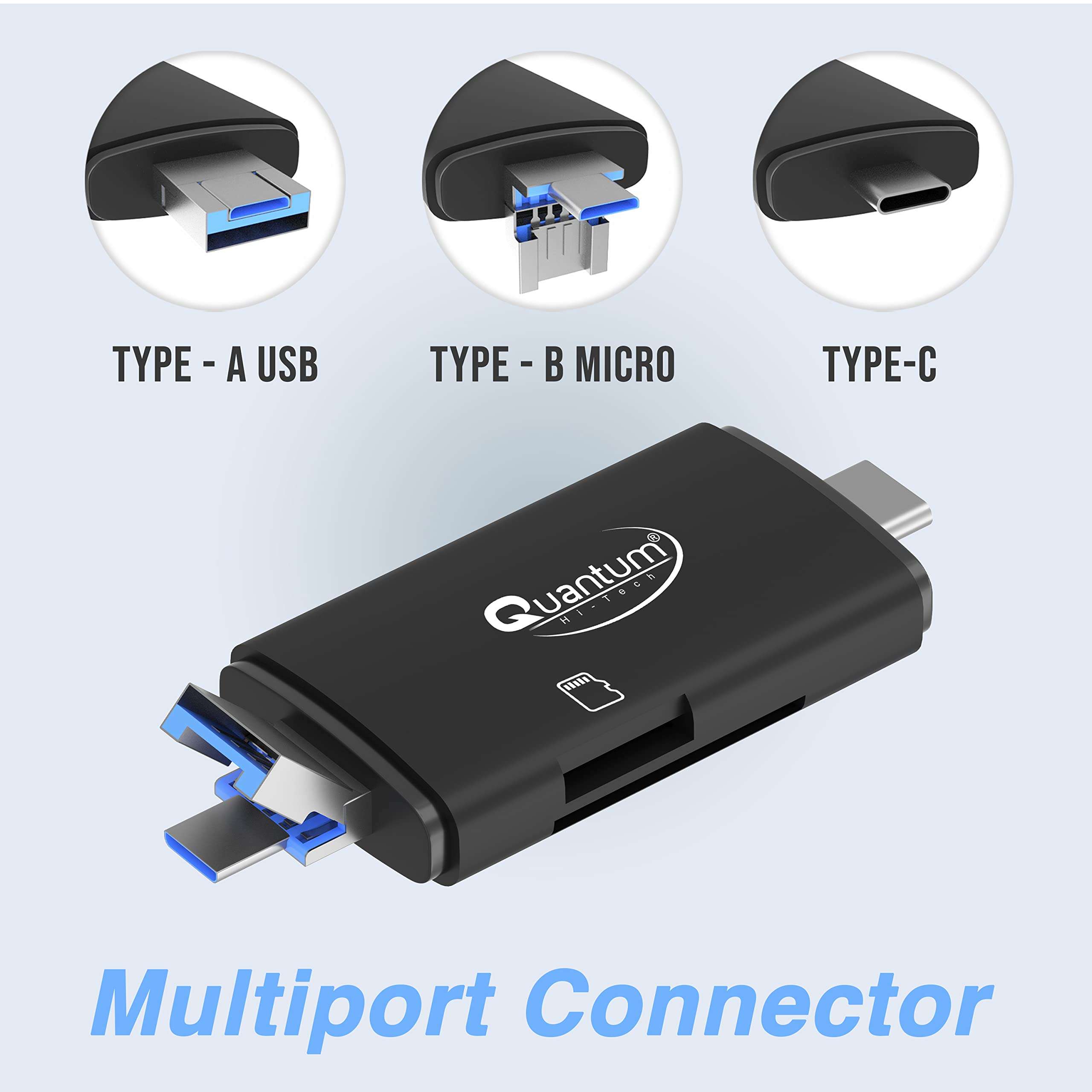 QUANTUM OTG Card Reader and Hub with Type-C, USB & Micro USB Ports | Portable Memory Card Reader Supports USB Drives, TF, SD, Micro SD Cards QHM6570 3