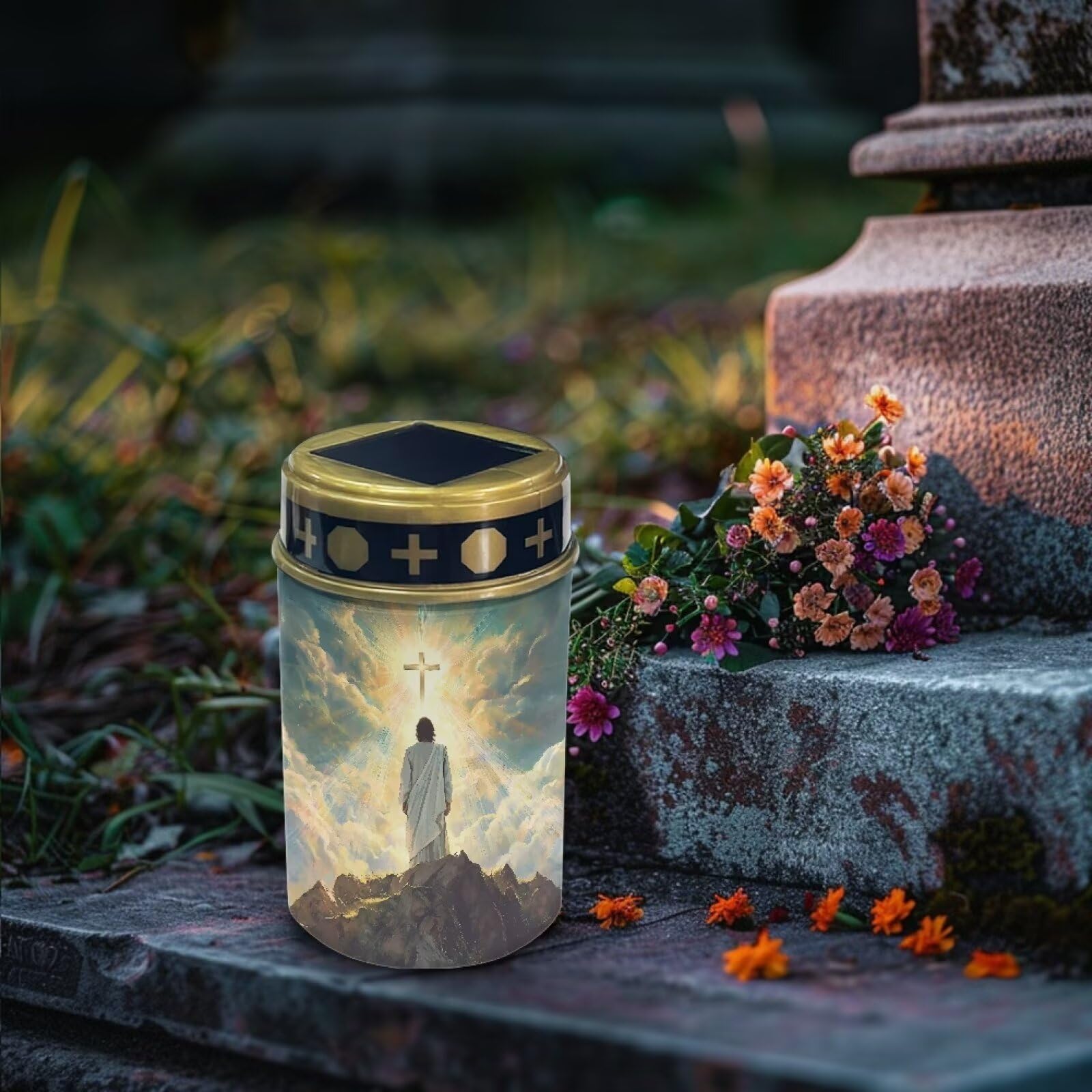 Poceacles Cross Solar Candle Cemetery LED Garden Lights Outdoor Waterproof with Dusk to Dawn Sensor, God Cross Light 4